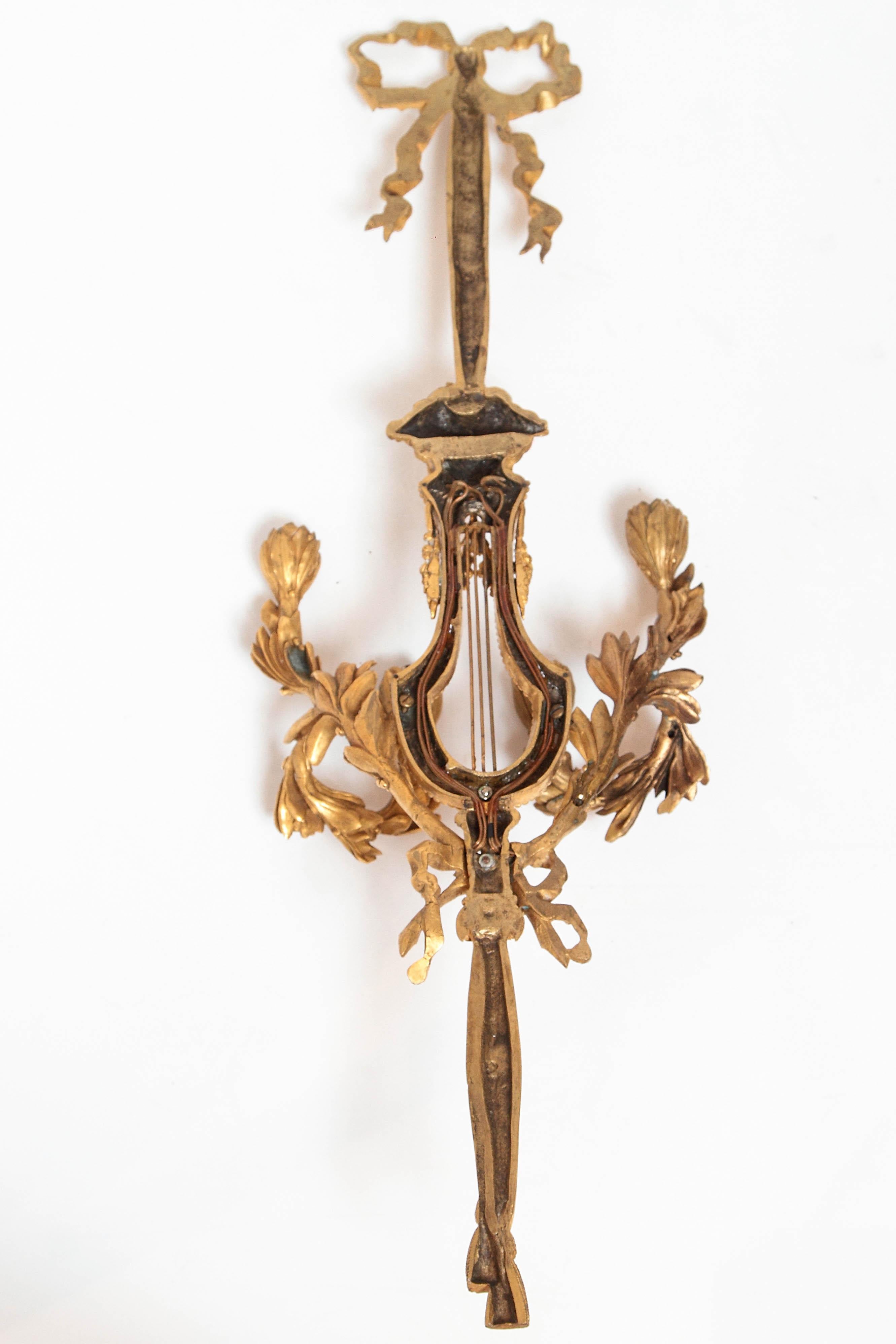 Pair of French 19th Century Very Fine Empire Lyre Design Sconces 8