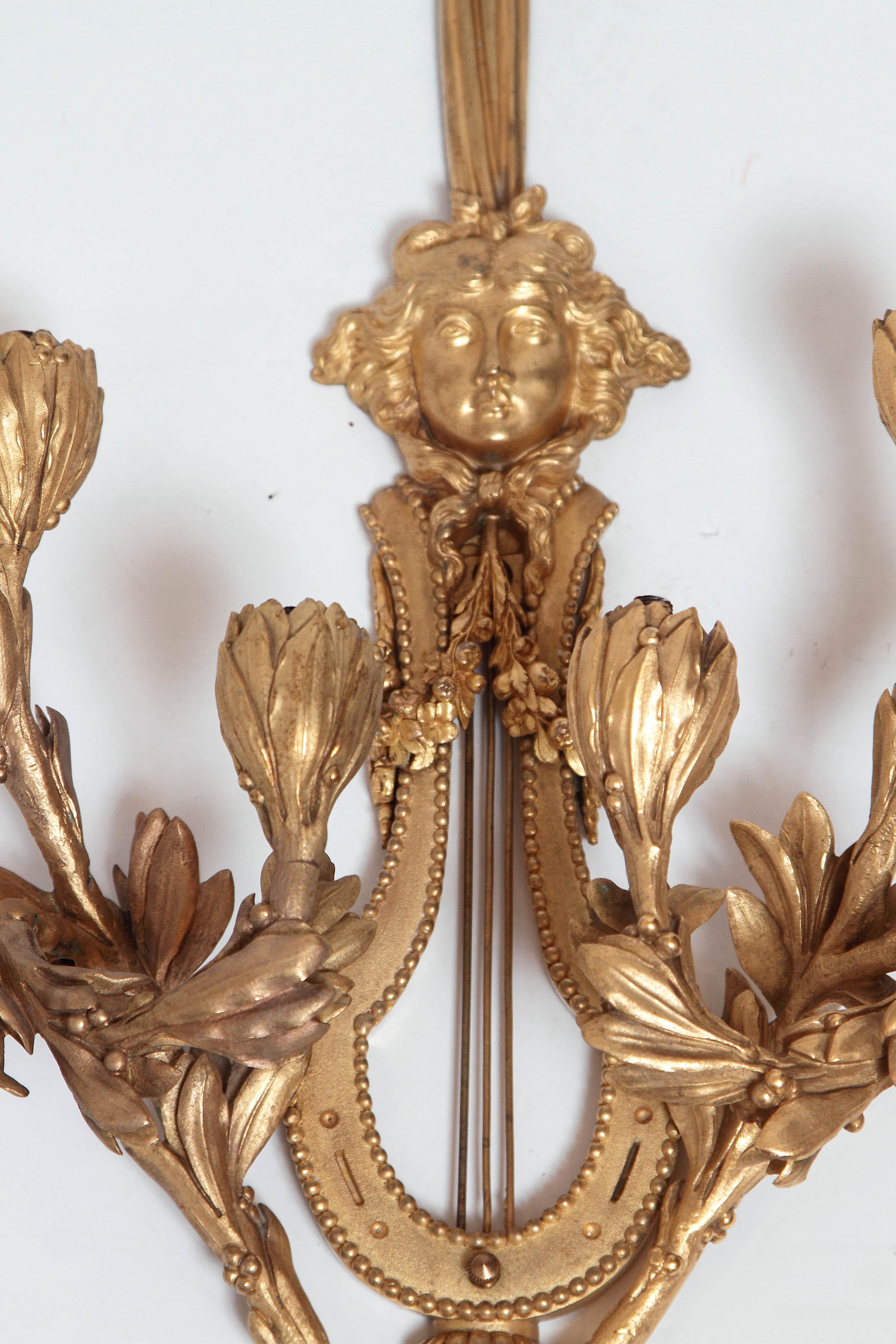 Gilt Pair of French 19th Century Very Fine Empire Lyre Design Sconces