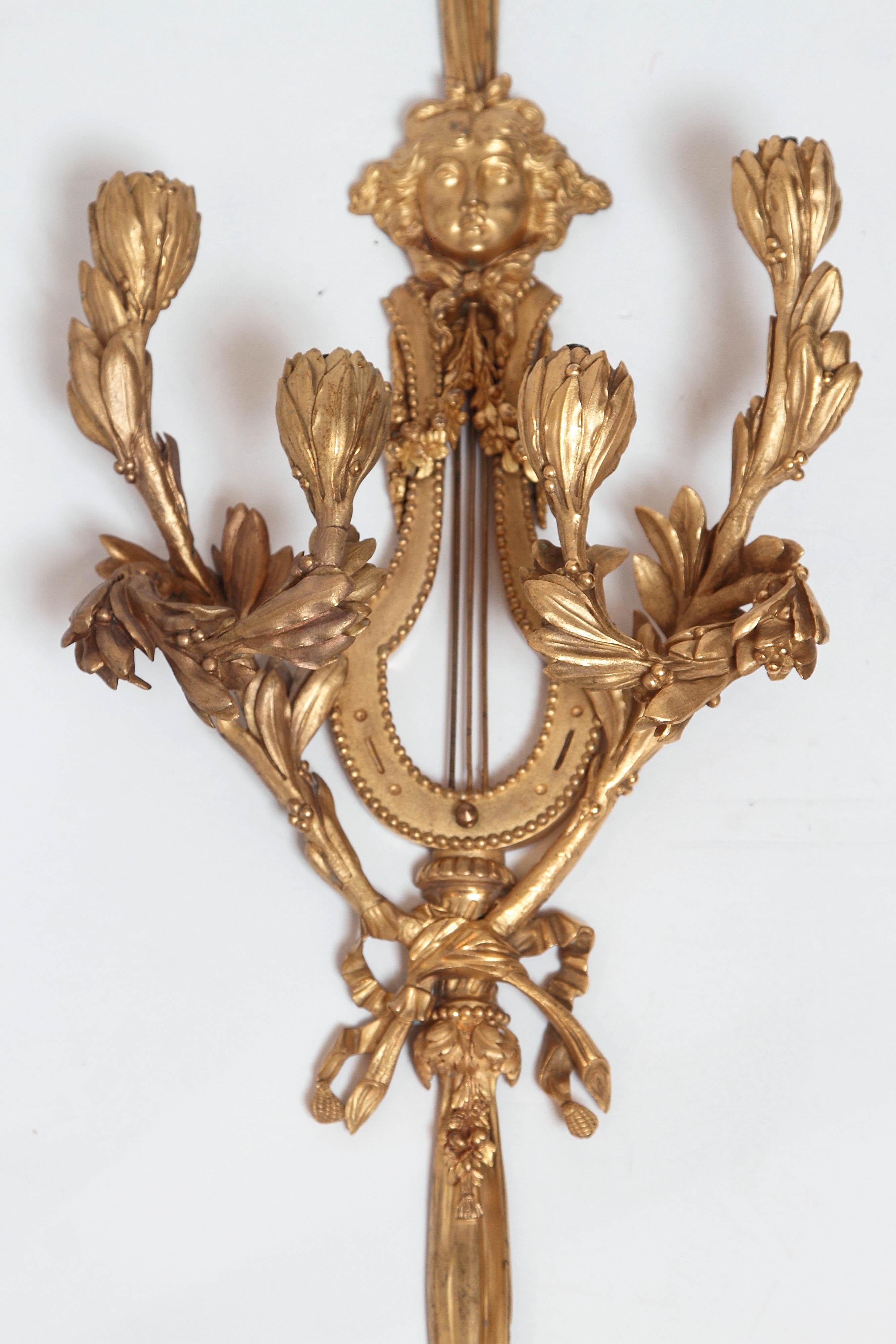 Pair of French 19th Century Very Fine Empire Lyre Design Sconces In Good Condition In Dallas, TX