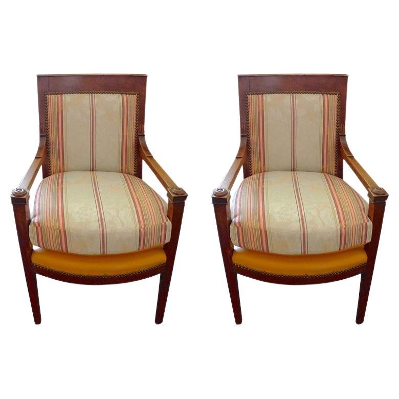 Pair of French 19th Century Walnut Armchairs with Fabric and Leather Cushions