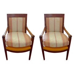 Antique Pair of French 19th Century Walnut Armchairs with Fabric and Leather Cushions