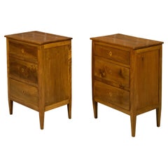 Pair of French 19th Century Walnut Petite Three-Drawer Commodes with Inlay