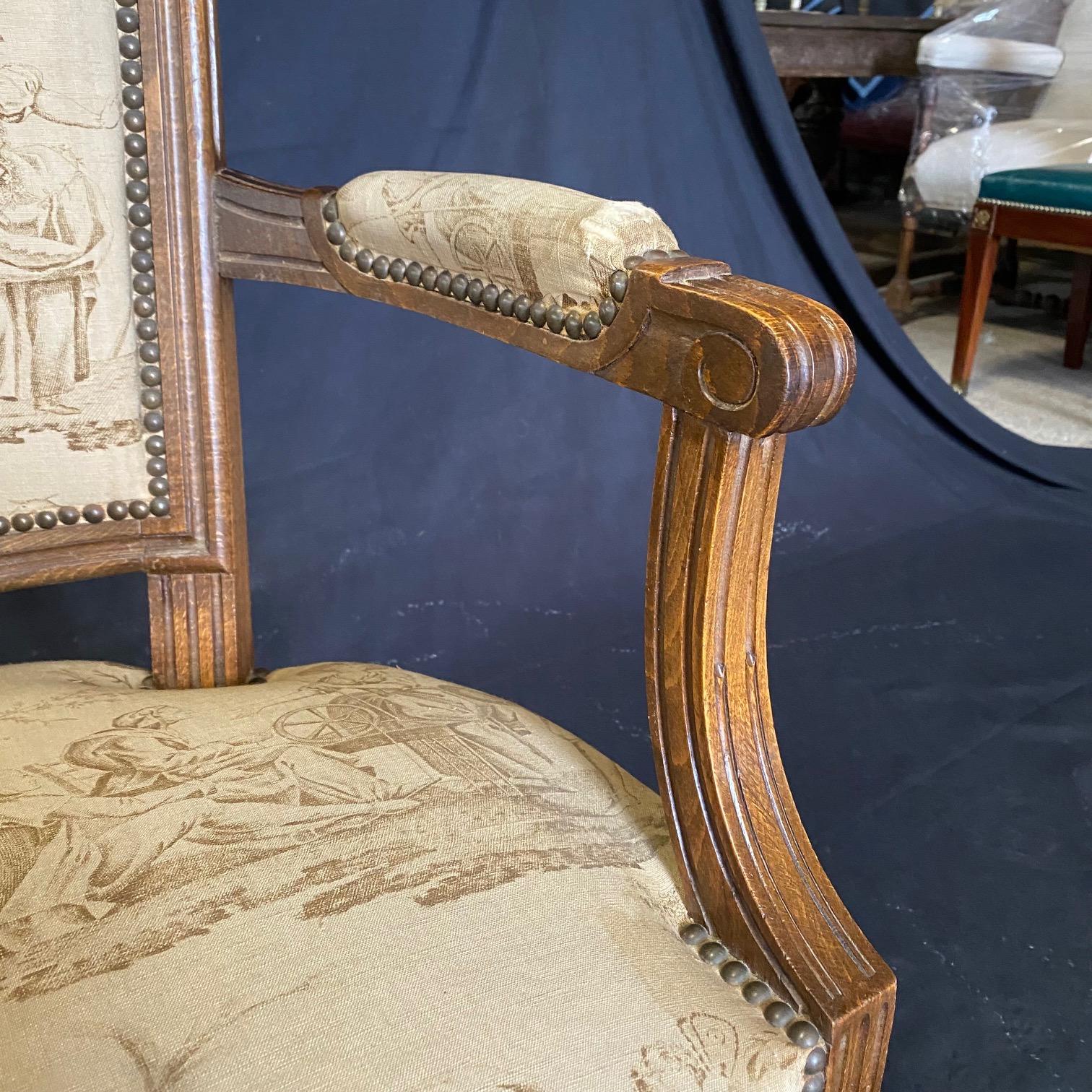  Pair of French 19th Century Walnut & Toile Louis XVI Fauteuils  For Sale 6