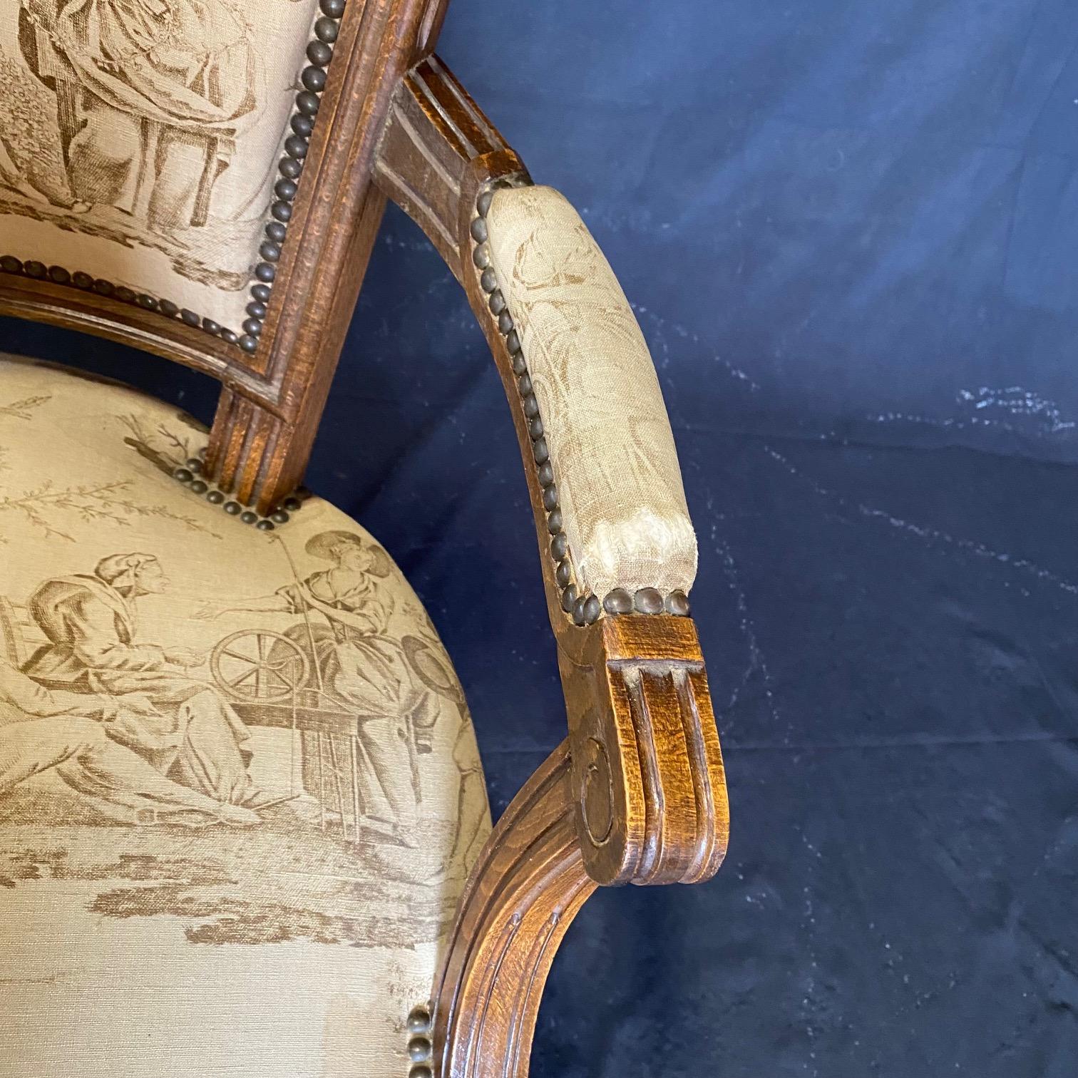  Pair of French 19th Century Walnut & Toile Louis XVI Fauteuils  For Sale 7