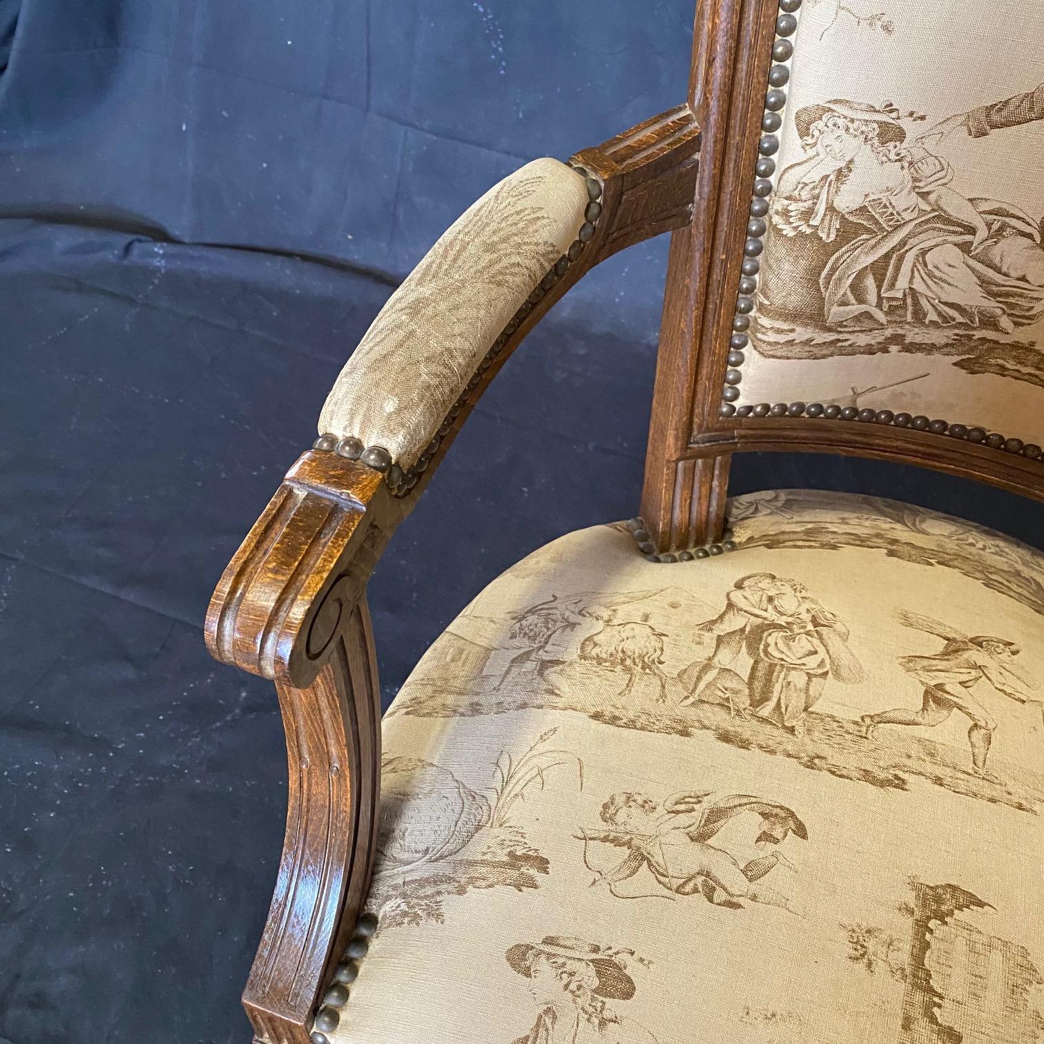  Pair of French 19th Century Walnut & Toile Louis XVI Fauteuils  For Sale 8