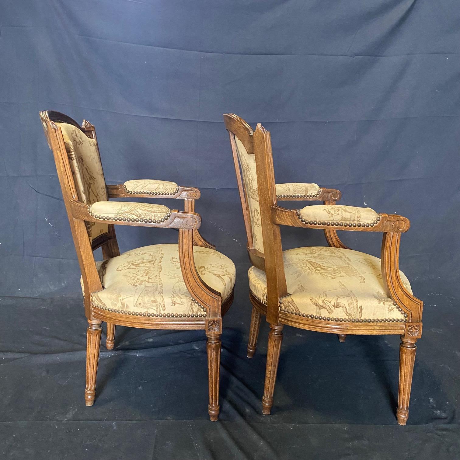  Pair of French 19th Century Walnut & Toile Louis XVI Fauteuils  For Sale 9
