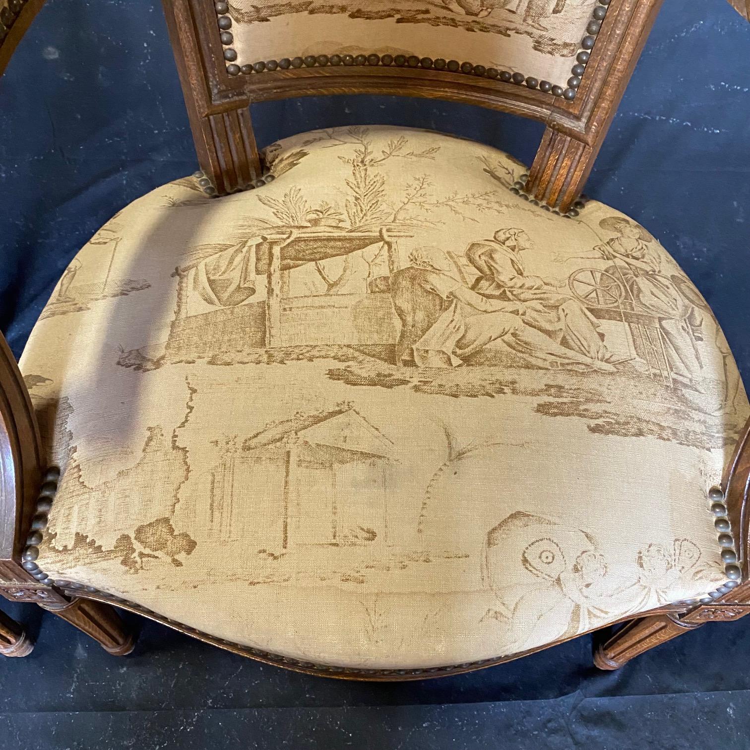  Pair of French 19th Century Walnut & Toile Louis XVI Fauteuils  For Sale 10