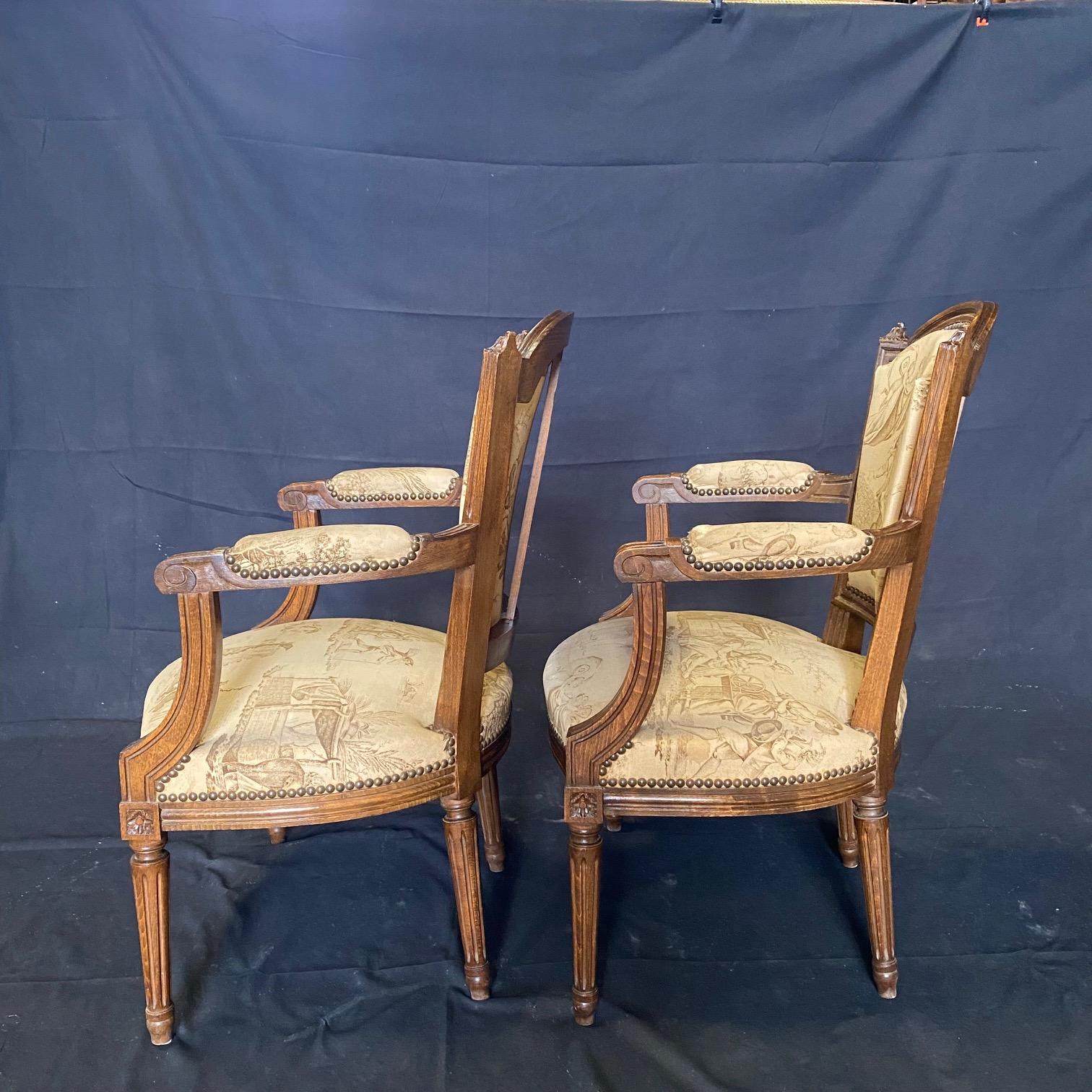  Pair of French 19th Century Walnut & Toile Louis XVI Fauteuils  For Sale 11