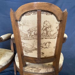 Pair of French 19th Century Walnut & Toile Louis XVI Fauteuils