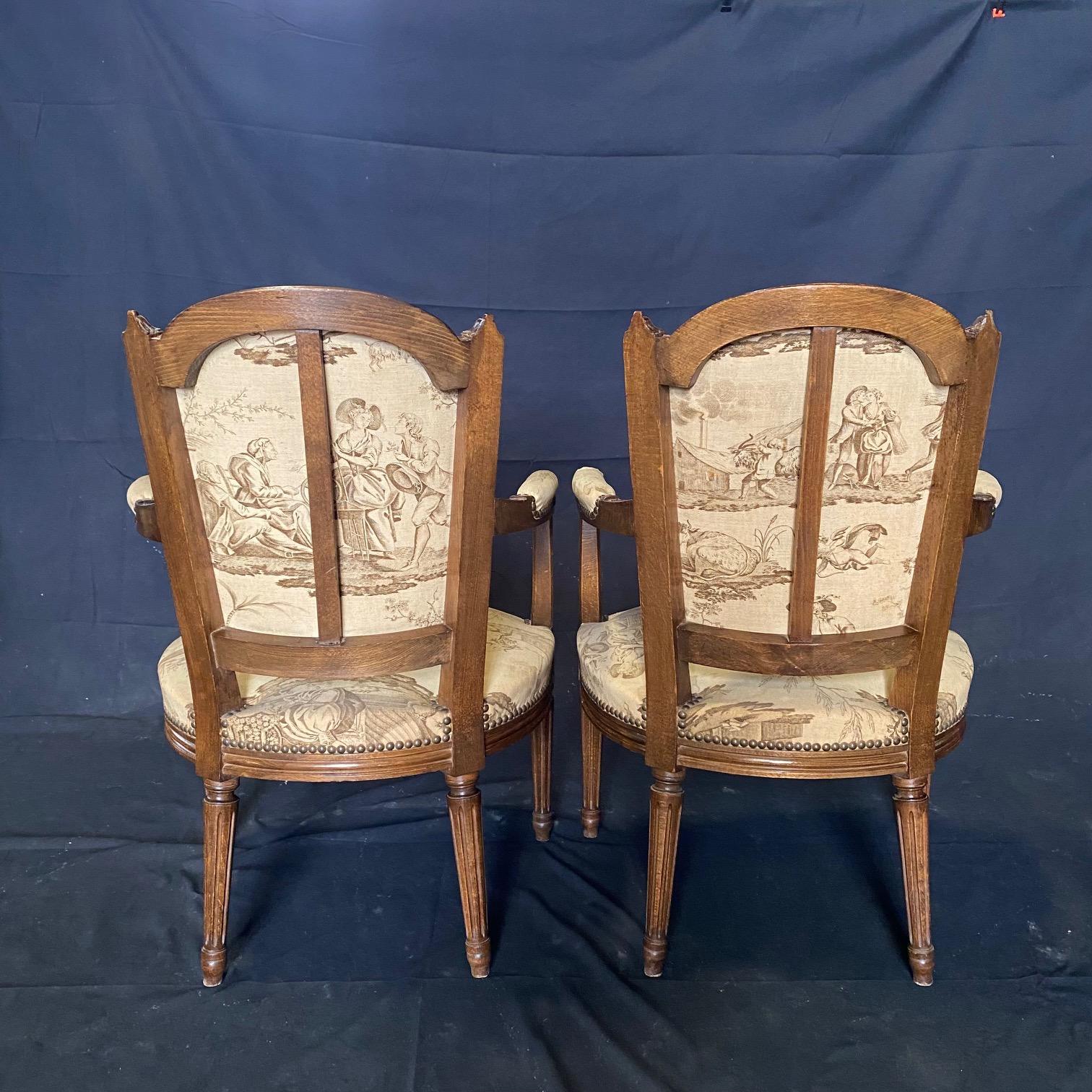  Pair of French 19th Century Walnut & Toile Louis XVI Fauteuils  In Good Condition For Sale In Hopewell, NJ