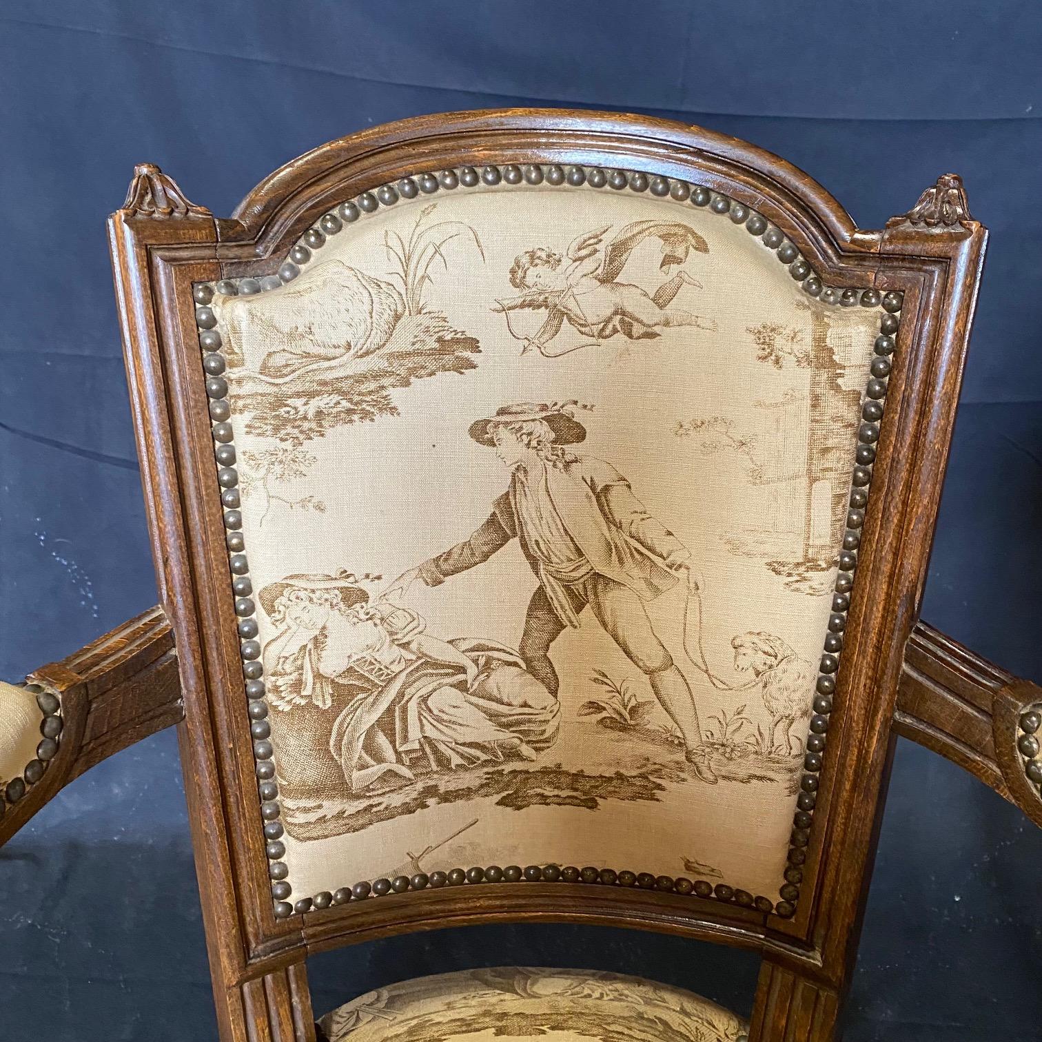 Upholstery  Pair of French 19th Century Walnut & Toile Louis XVI Fauteuils  For Sale