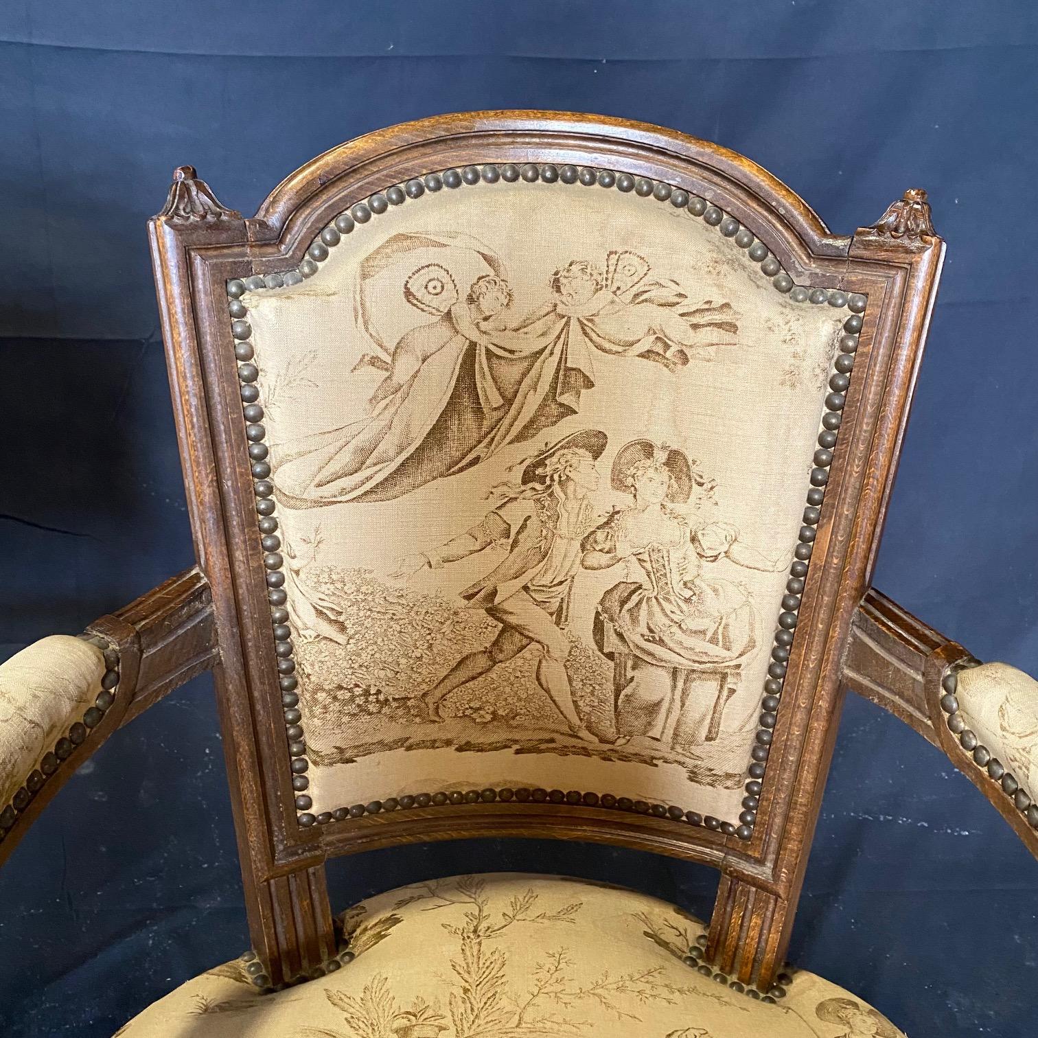  Pair of French 19th Century Walnut & Toile Louis XVI Fauteuils  For Sale 2