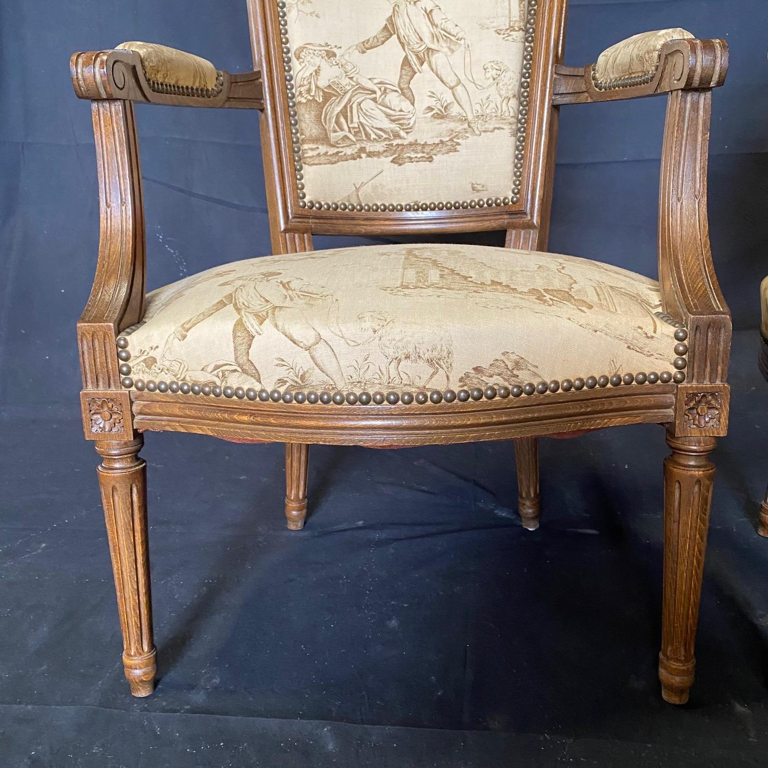  Pair of French 19th Century Walnut & Toile Louis XVI Fauteuils  For Sale 3