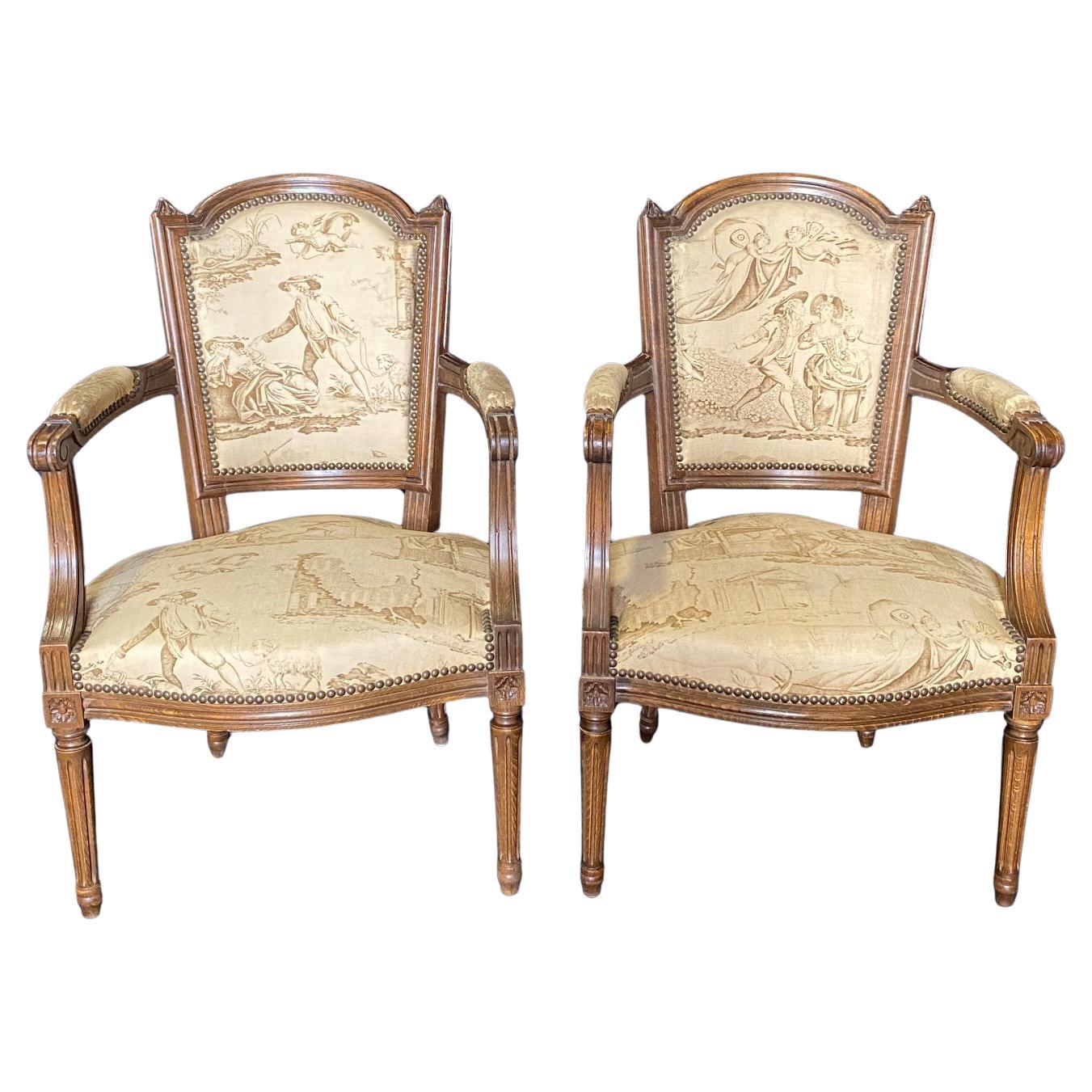  Pair of French 19th Century Walnut & Toile Louis XVI Fauteuils  For Sale