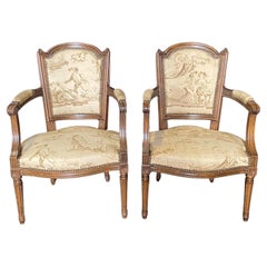 Vintage  Pair of French 19th Century Walnut & Toile Louis XVI Fauteuils 