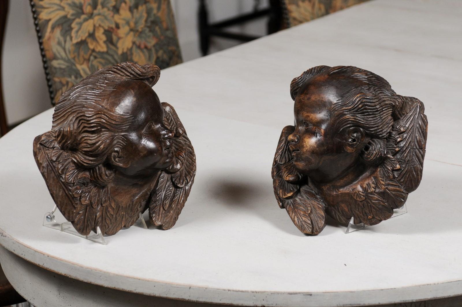 Pair of French 19th Century Walnut Wall Hanging Cherub Sculptures with Patina 6