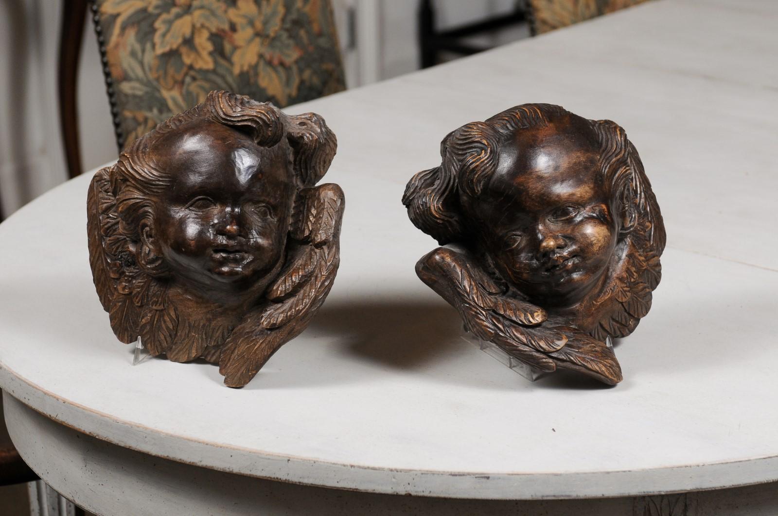 Pair of French 19th Century Walnut Wall Hanging Cherub Sculptures with Patina 7