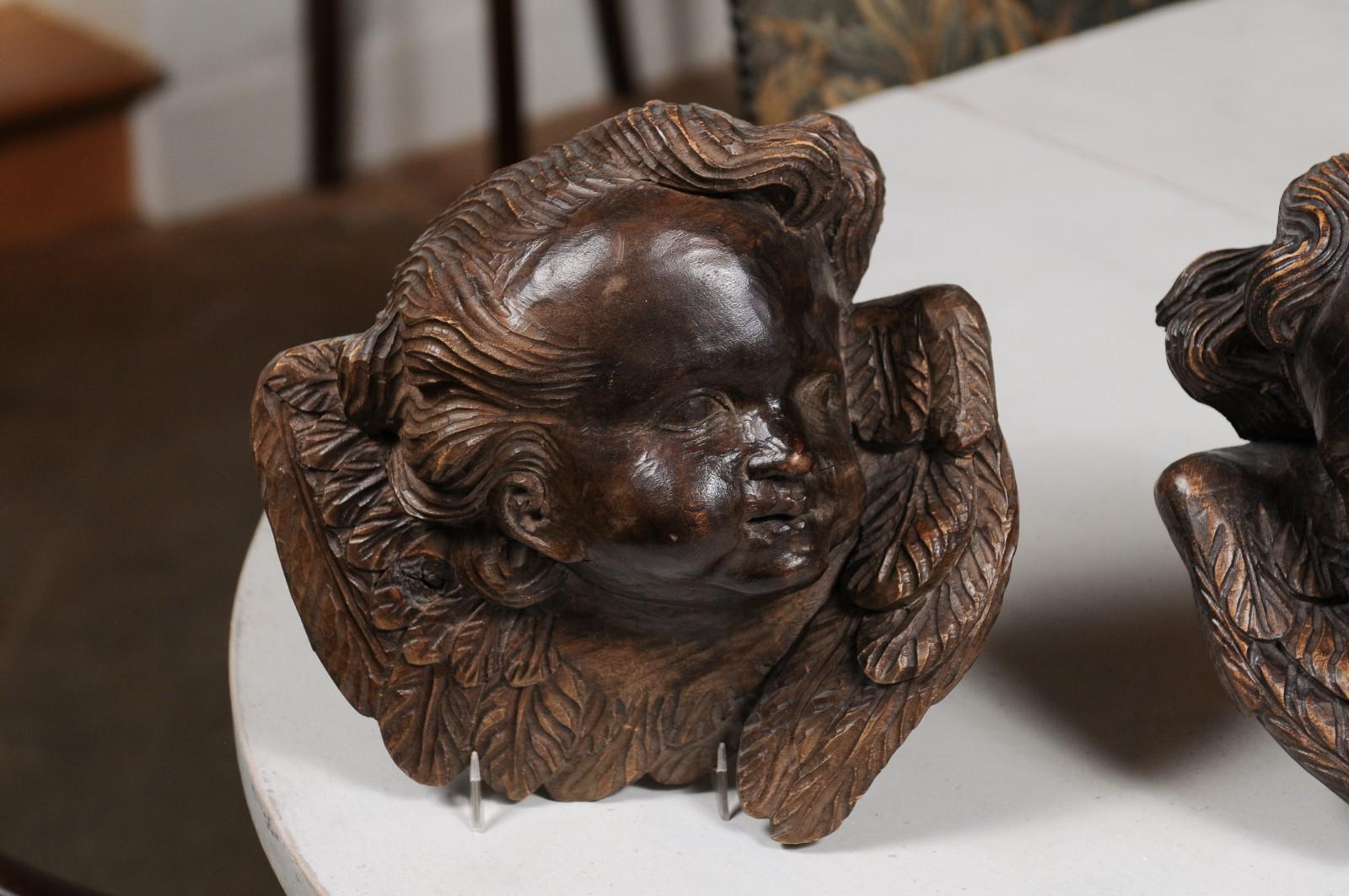 Pair of French 19th Century Walnut Wall Hanging Cherub Sculptures with Patina In Good Condition In Atlanta, GA