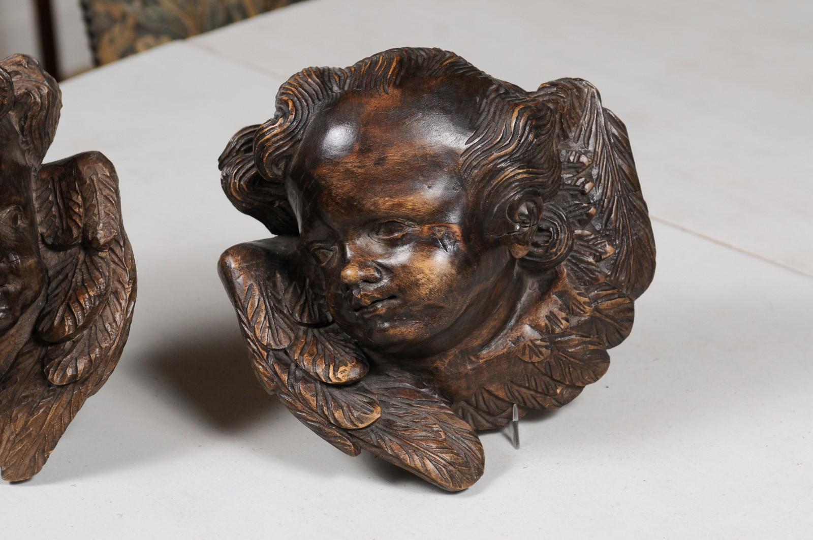 Pair of French 19th Century Walnut Wall Hanging Cherub Sculptures with Patina 1