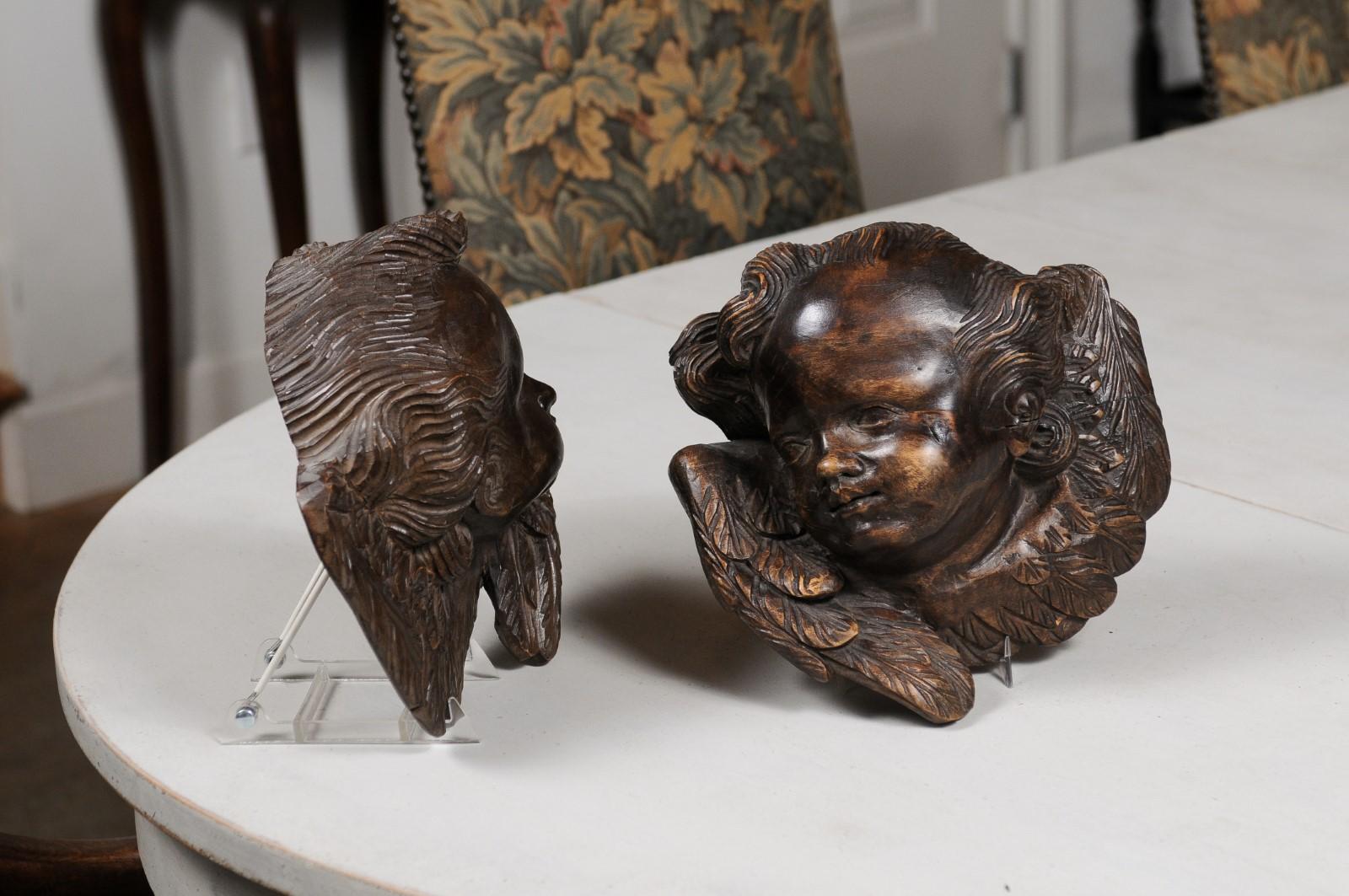 Pair of French 19th Century Walnut Wall Hanging Cherub Sculptures with Patina 2