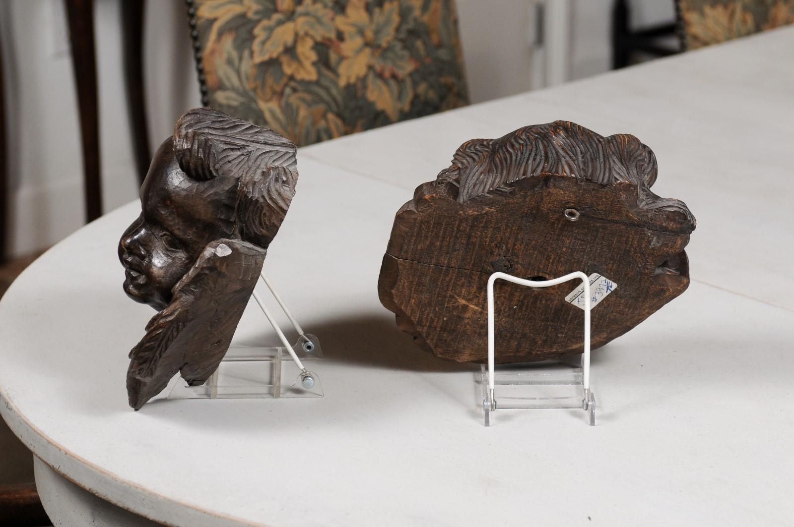 Pair of French 19th Century Walnut Wall Hanging Cherub Sculptures with Patina 4