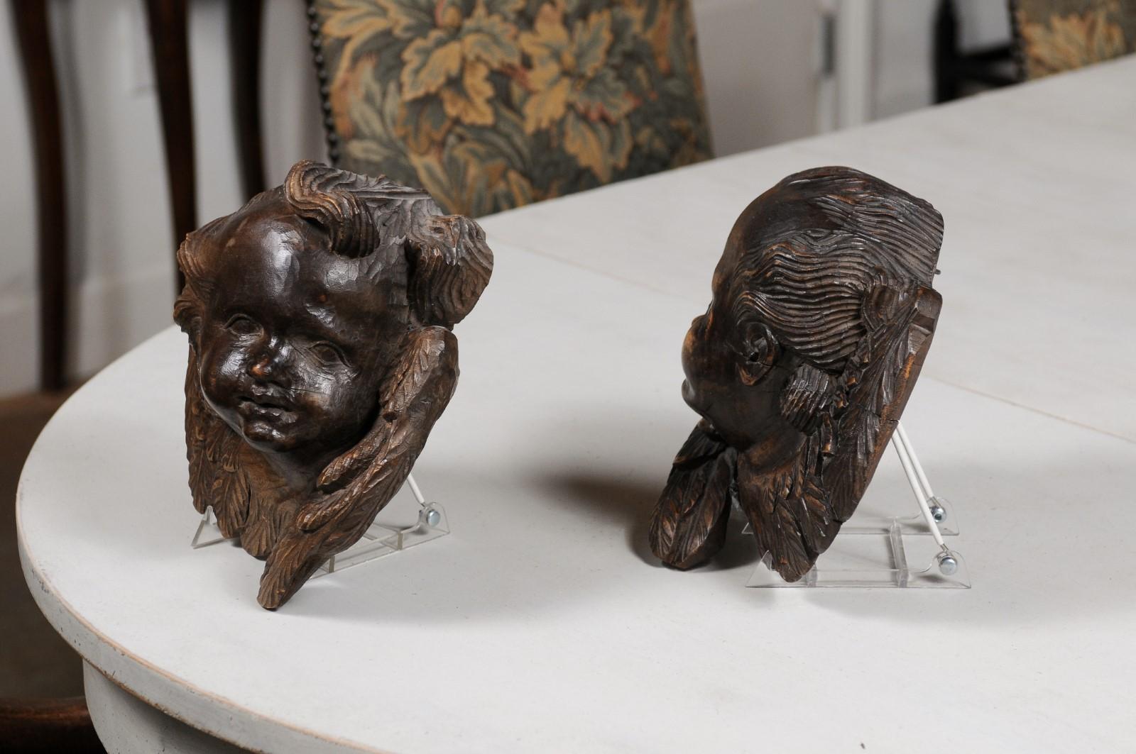 Pair of French 19th Century Walnut Wall Hanging Cherub Sculptures with Patina 5