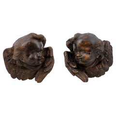 Pair of French 19th Century Walnut Wall Hanging Cherub Sculptures with Patina