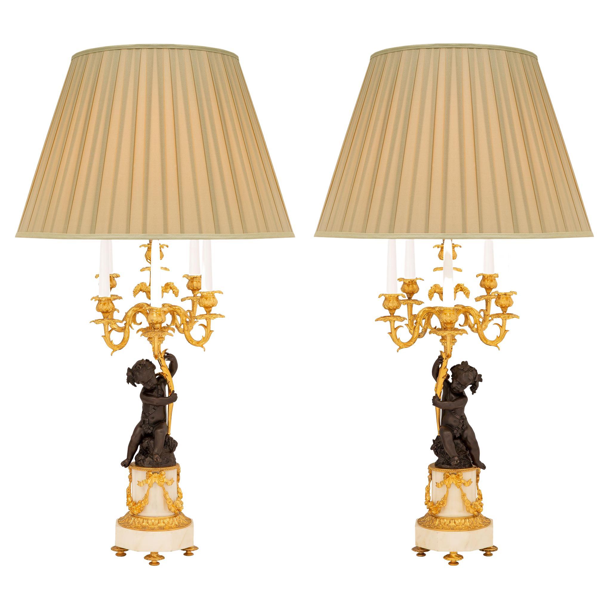 Pair of French 19th Century White Carrara Marble, Ormolu and Bronze Lamps