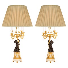 Pair of French 19th Century White Carrara Marble, Ormolu and Bronze Lamps