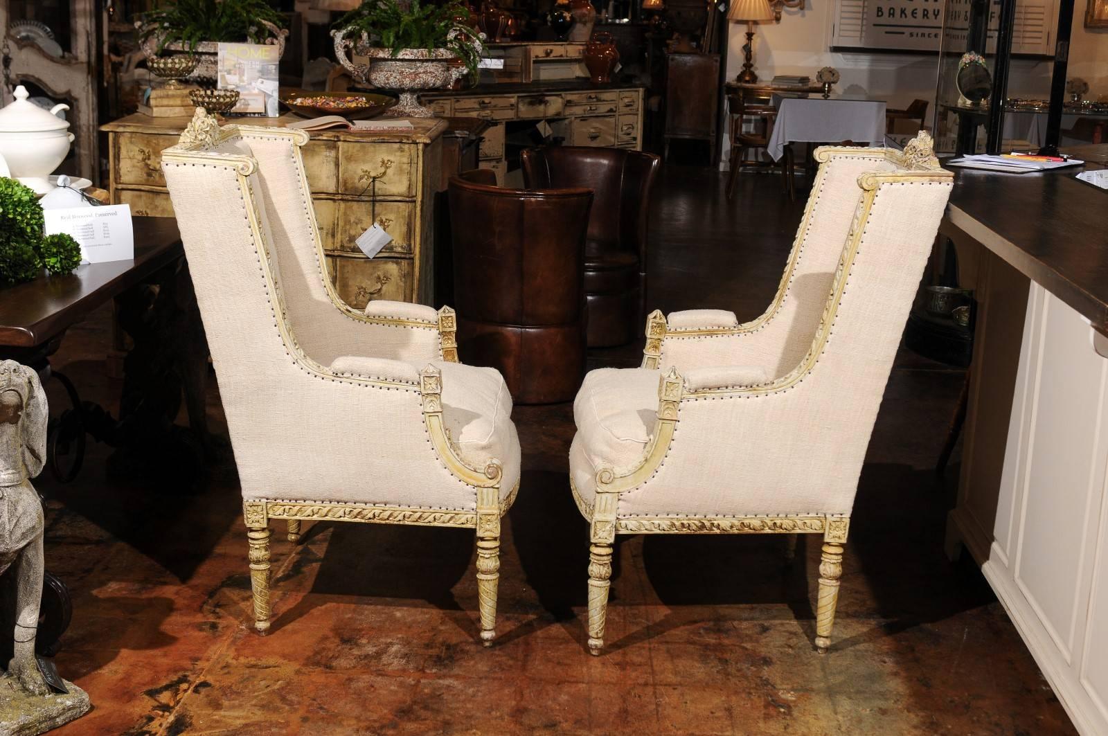 Pair of French 19th Century Wingback Bergères Chairs with Richly Carved Décor 5