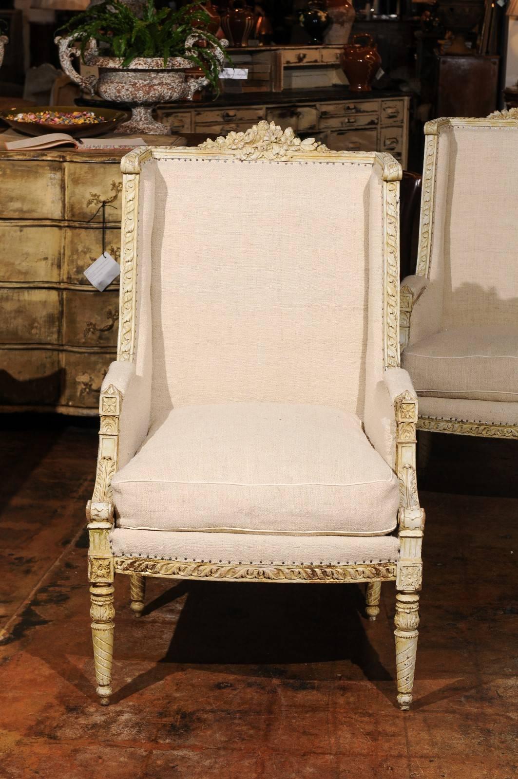 Pair of French 19th Century Wingback Bergères Chairs with Richly Carved Décor 8
