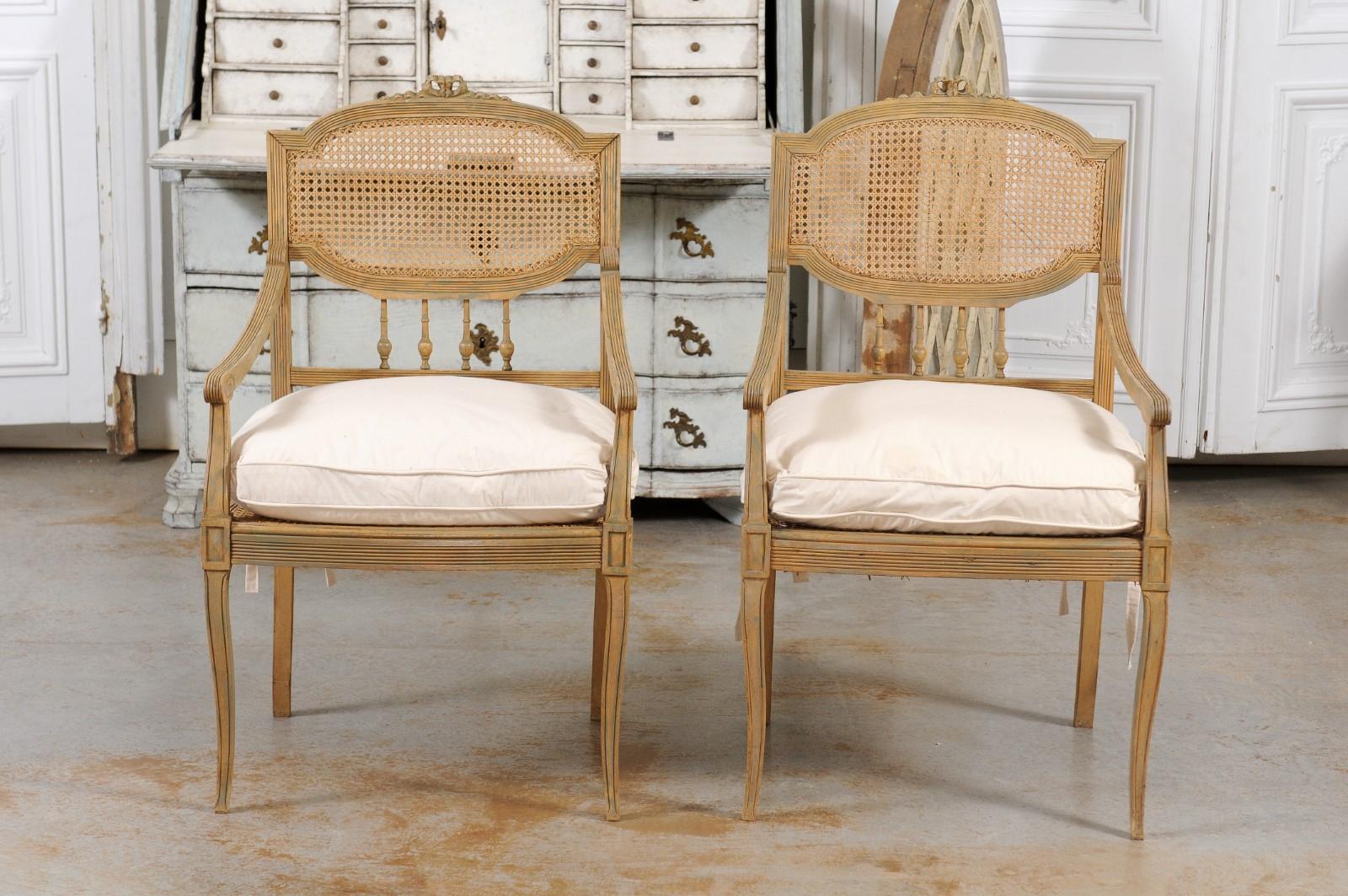 Pair of French 19th Century Wood and Cane Armchairs with New Custom Cushions 4