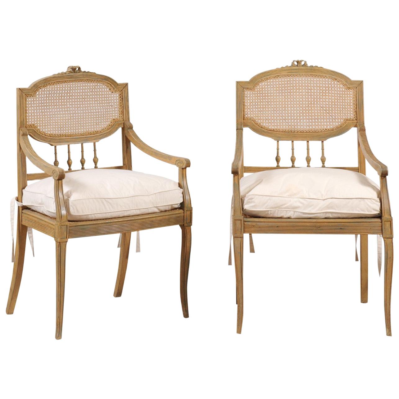 Pair of French 19th Century Wood and Cane Armchairs with New Custom Cushions