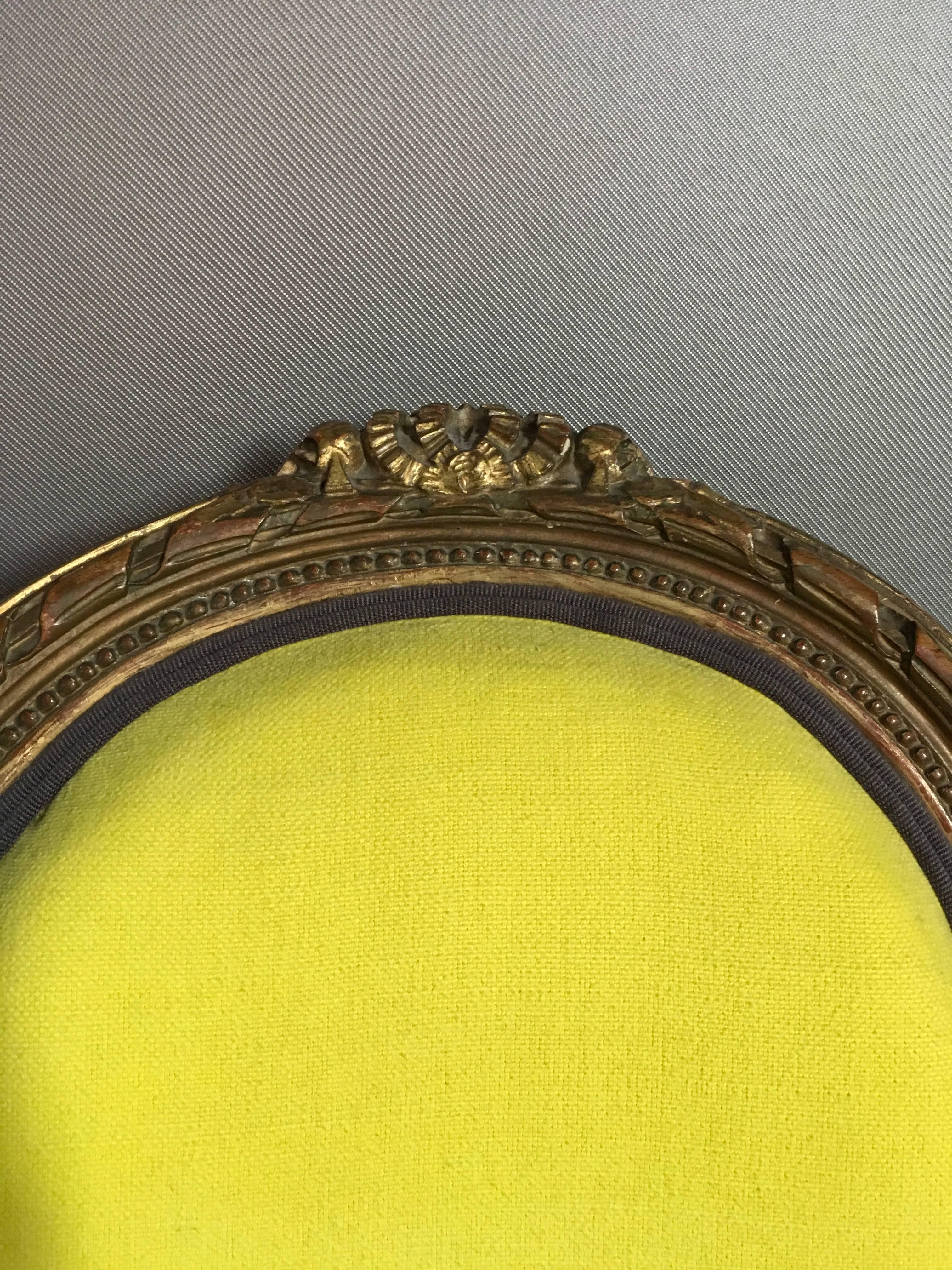 19th Century Pair Burnished Golden Wood Chairs Yellow Linen in Louis XVI Style 1