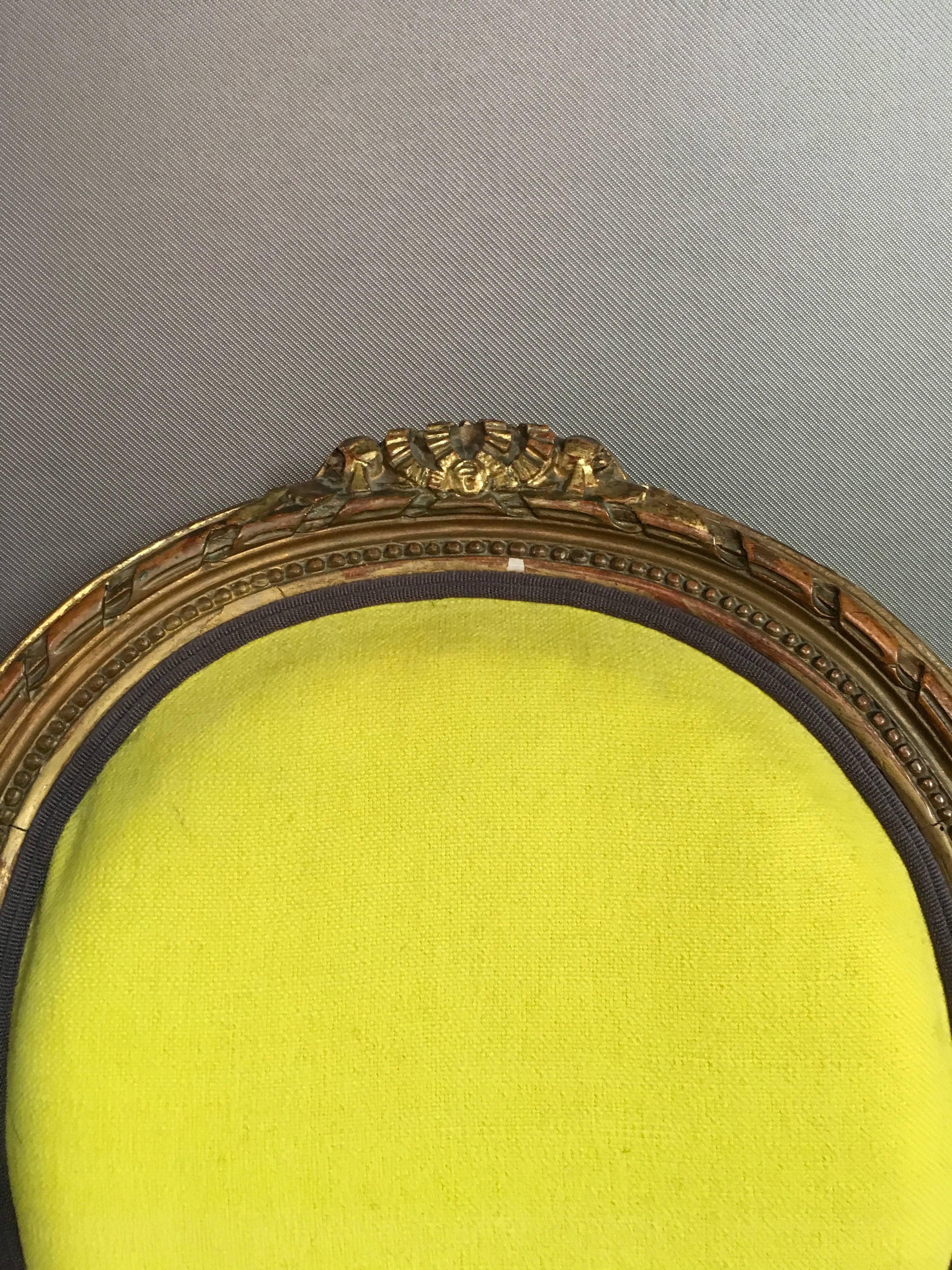 19th Century Pair Burnished Golden Wood Chairs Yellow Linen in Louis XVI Style 2