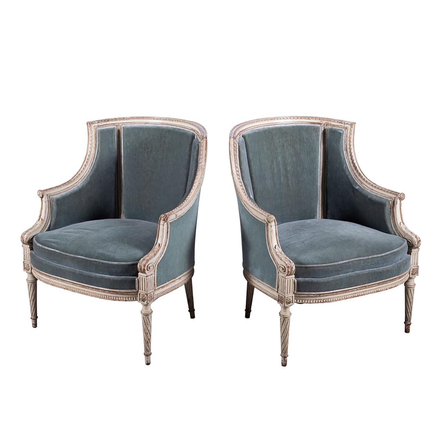 Pair of French 19th Century Wooden Chairs with Blue Velvet Upholstery