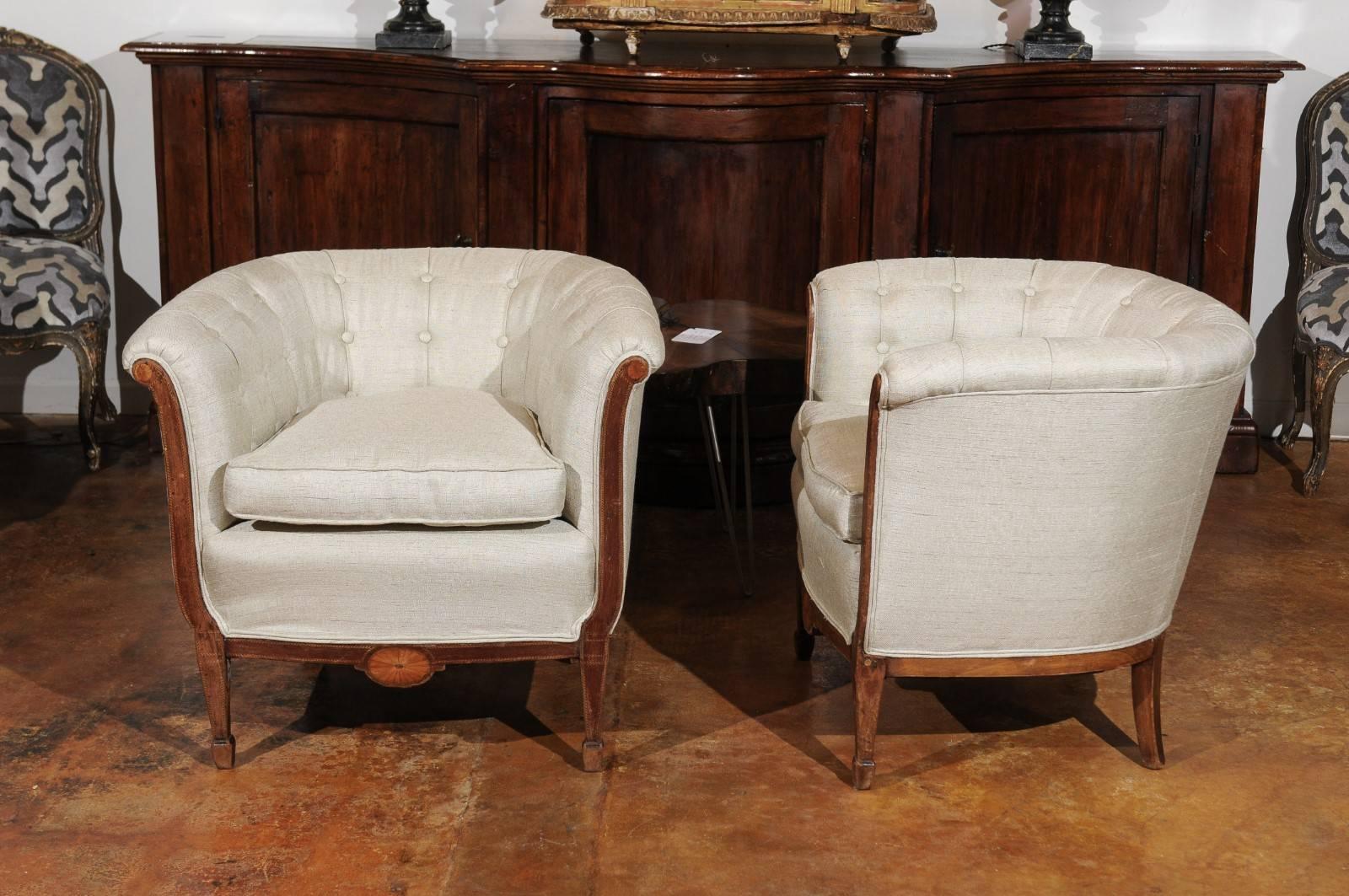 Pair of French 19th Century Wooden Club Chairs with Banded Inlay and Upholstery 7