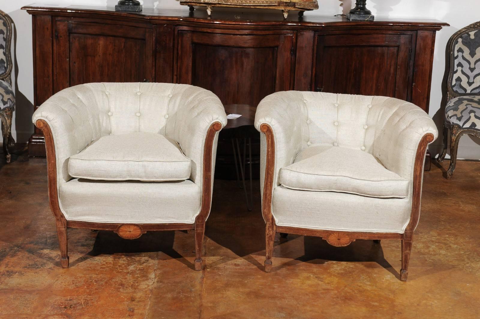 Pair of French 19th Century Wooden Club Chairs with Banded Inlay and Upholstery 8