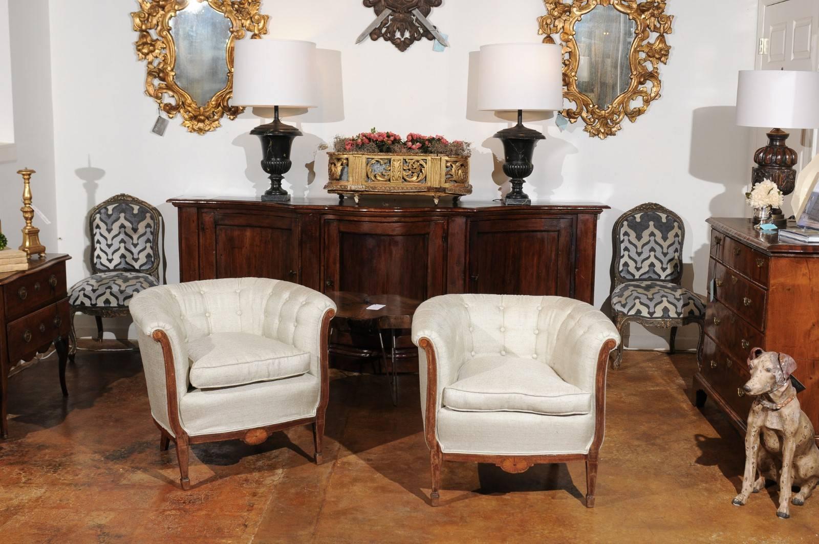 Carved Pair of French 19th Century Wooden Club Chairs with Banded Inlay and Upholstery