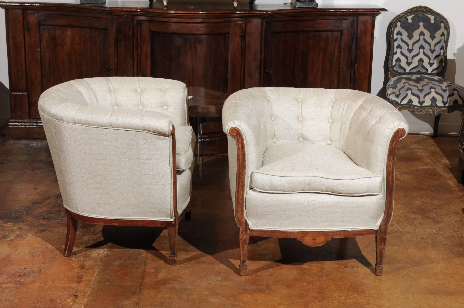 Pair of French 19th Century Wooden Club Chairs with Banded Inlay and Upholstery 4