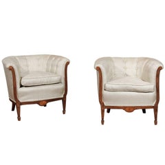 Pair of French 19th Century Wooden Club Chairs with Banded Inlay and Upholstery