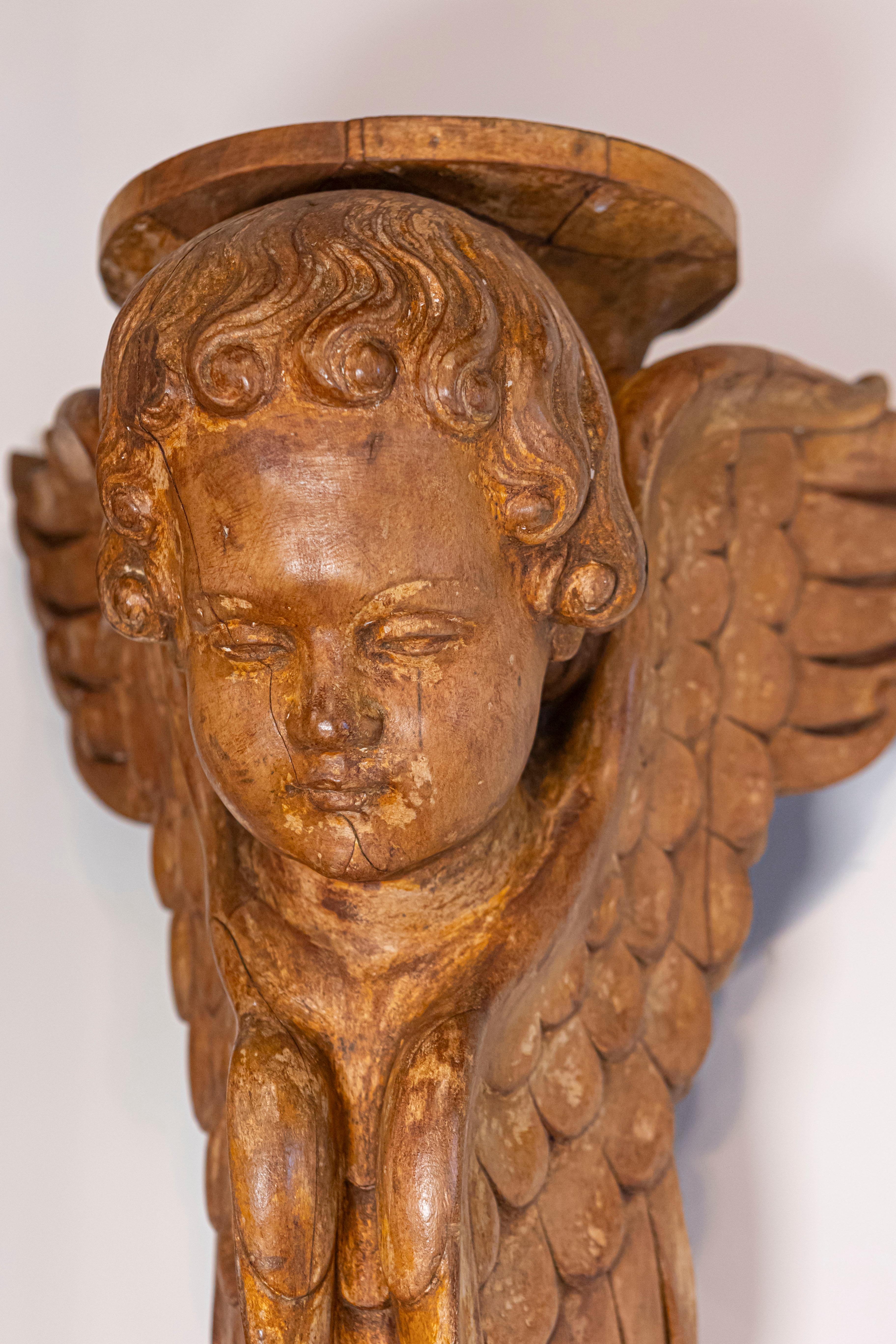 Pair of French 19th Century Wooden Wall Brackets with Carved Cherubs For Sale 2