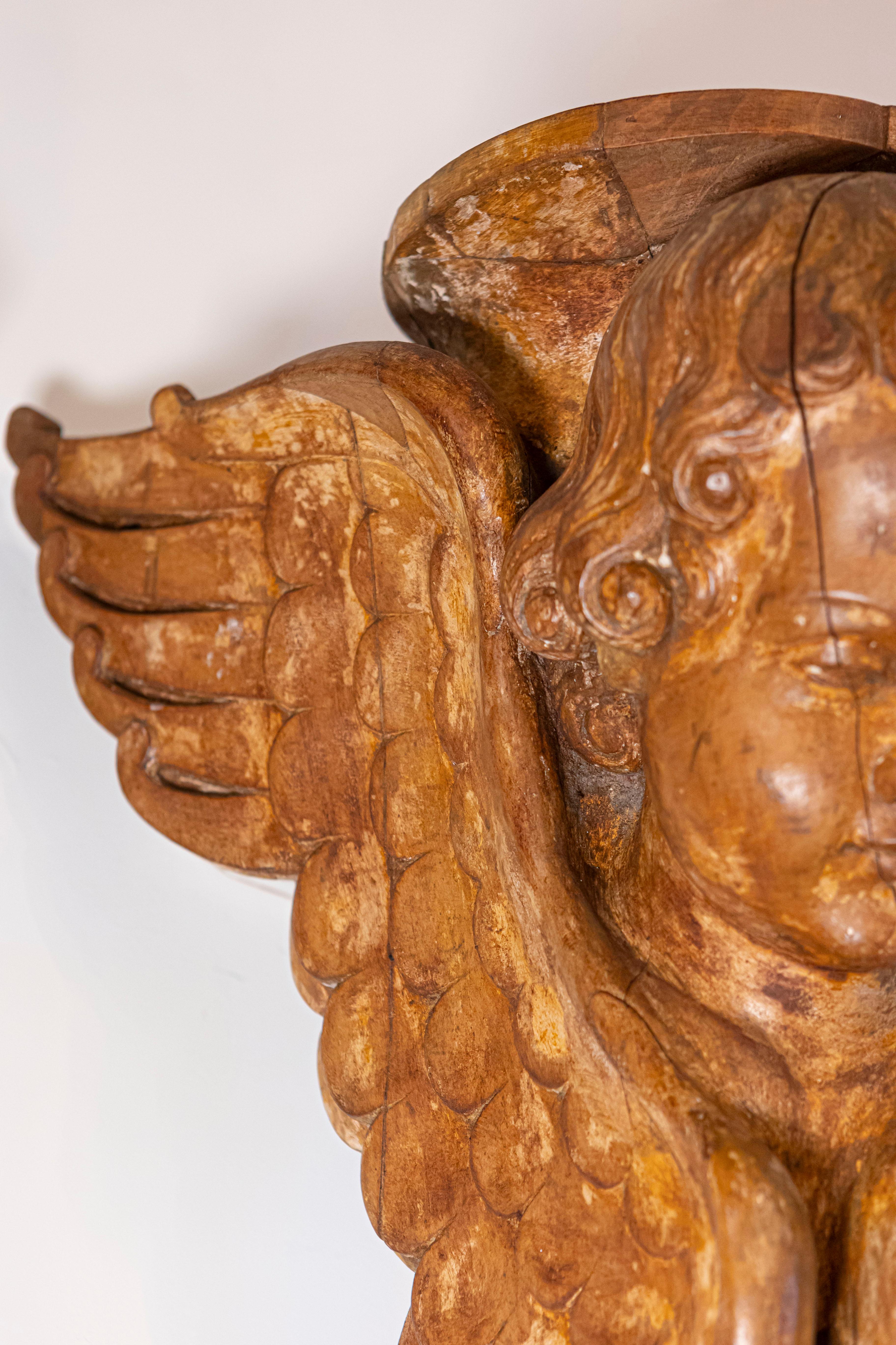 Pair of French 19th Century Wooden Wall Brackets with Carved Cherubs For Sale 5