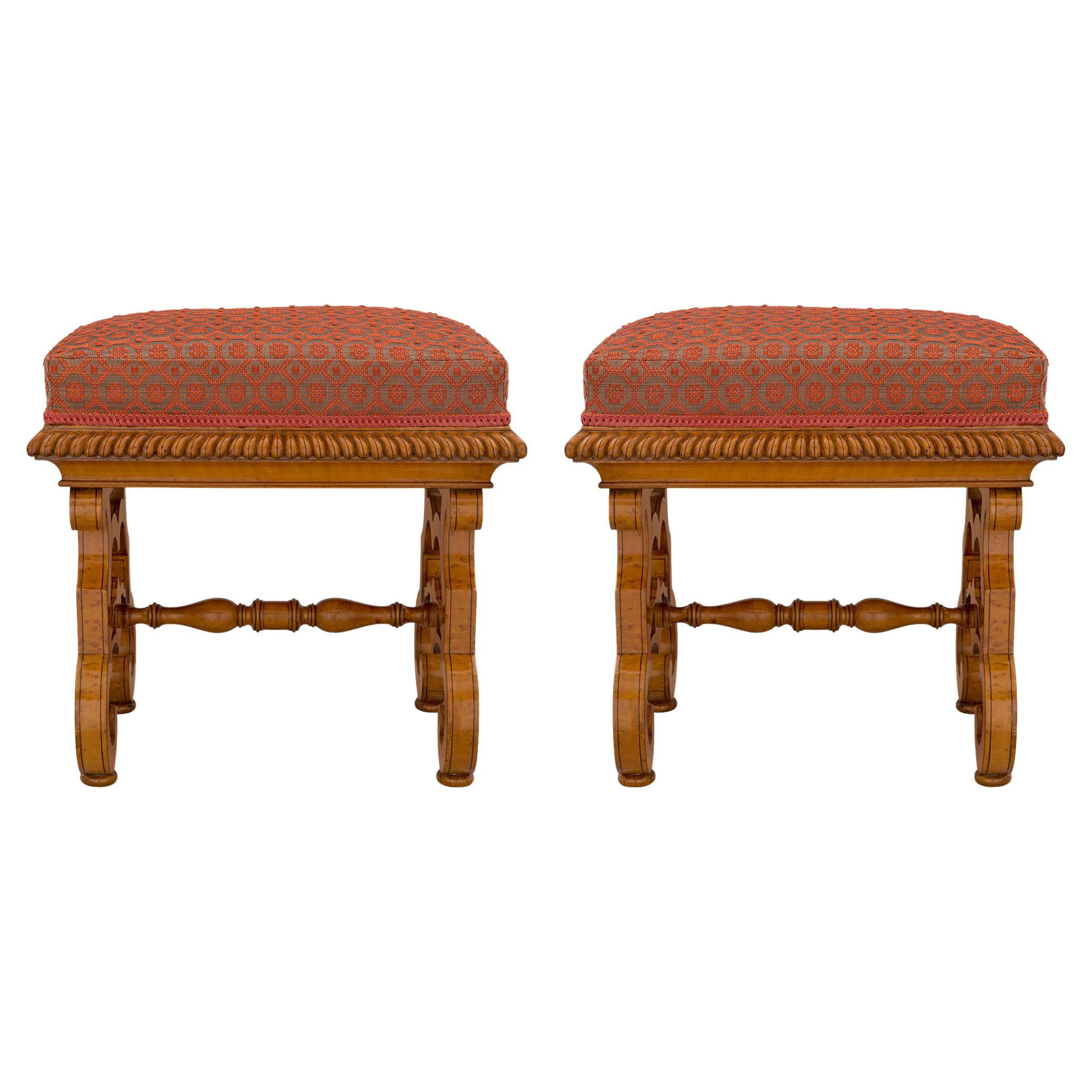 Pair of French 19th Charles X Style Burl Maple Benches