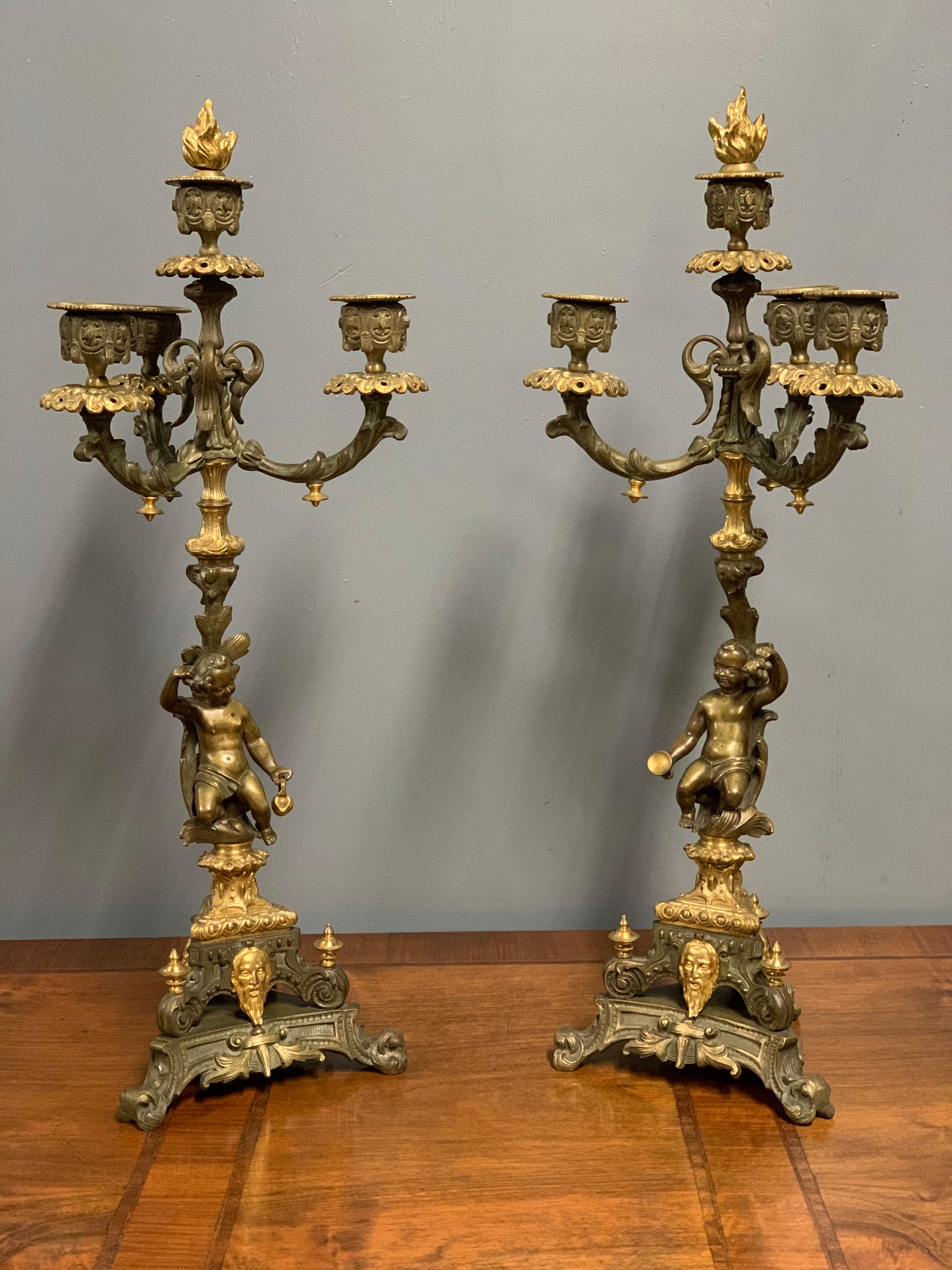 French 19th Century Gilt Bronze 3 Branch Candelabras with Candle Snuffers, Pair 9