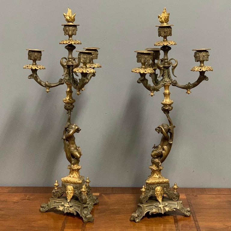 French 19th Century Gilt Bronze 3 Branch Candelabras with Candle
