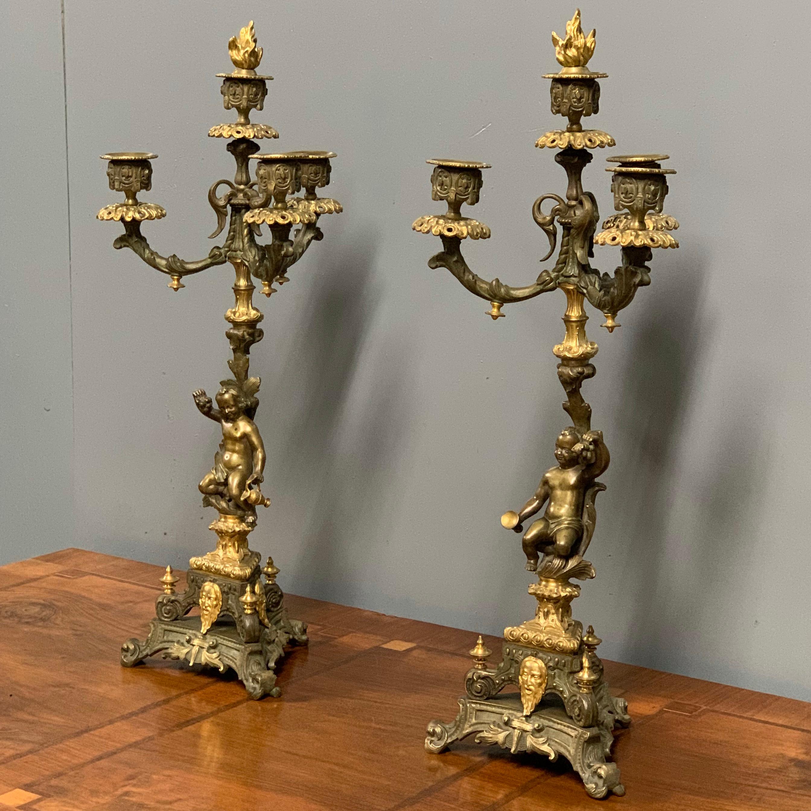 Rococo French 19th Century Gilt Bronze 3 Branch Candelabras with Candle Snuffers, Pair