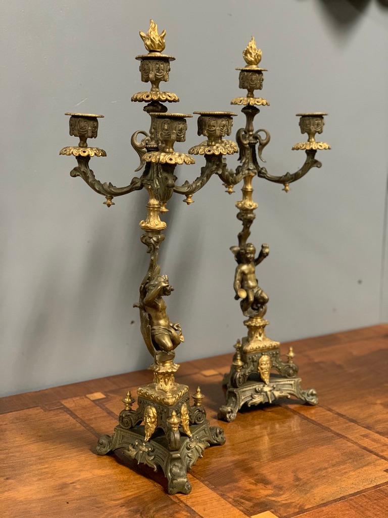 French 19th Century Gilt Bronze 3 Branch Candelabras with Candle Snuffers, Pair 2