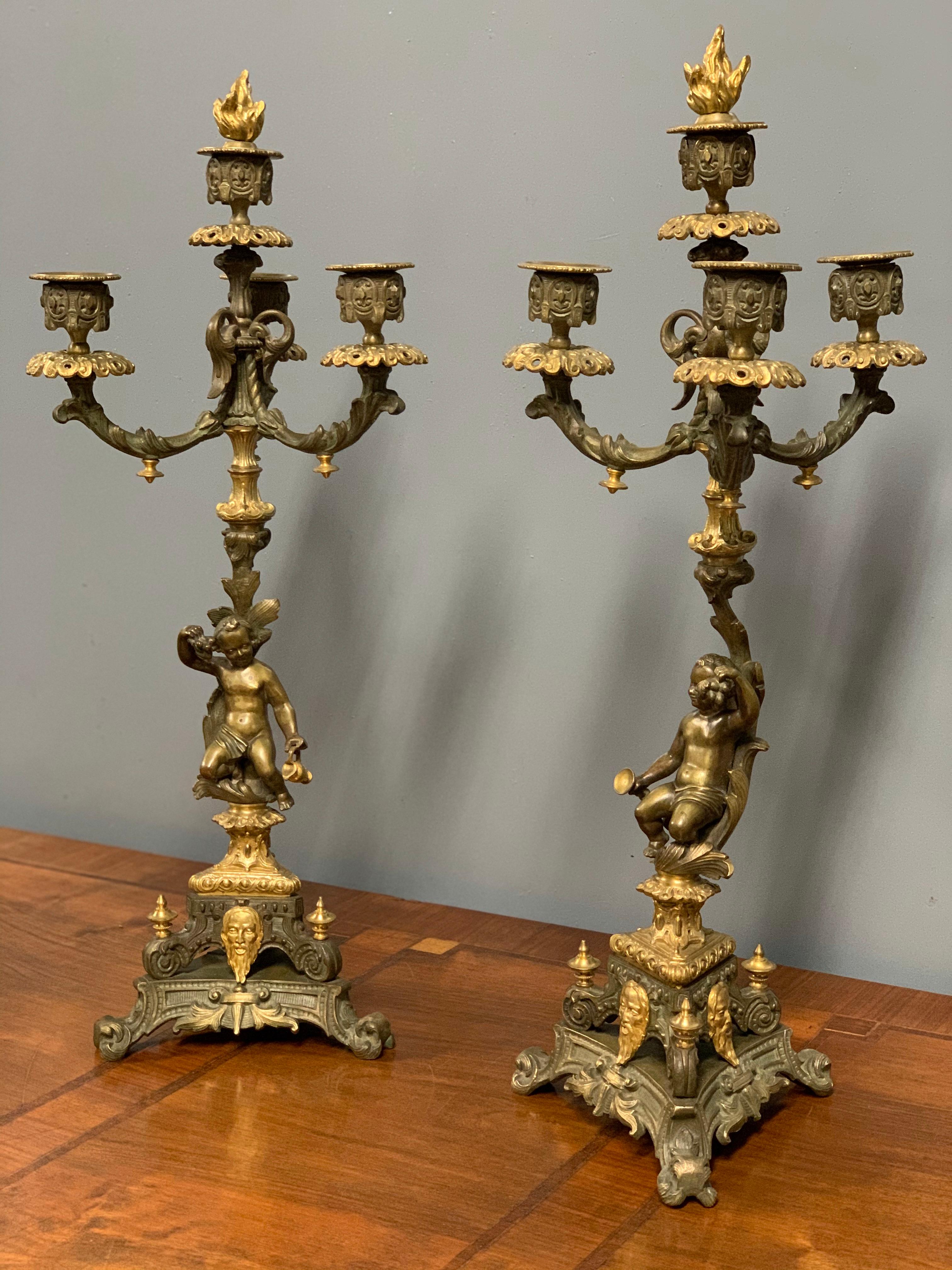 French 19th Century Gilt Bronze 3 Branch Candelabras with Candle Snuffers, Pair 3