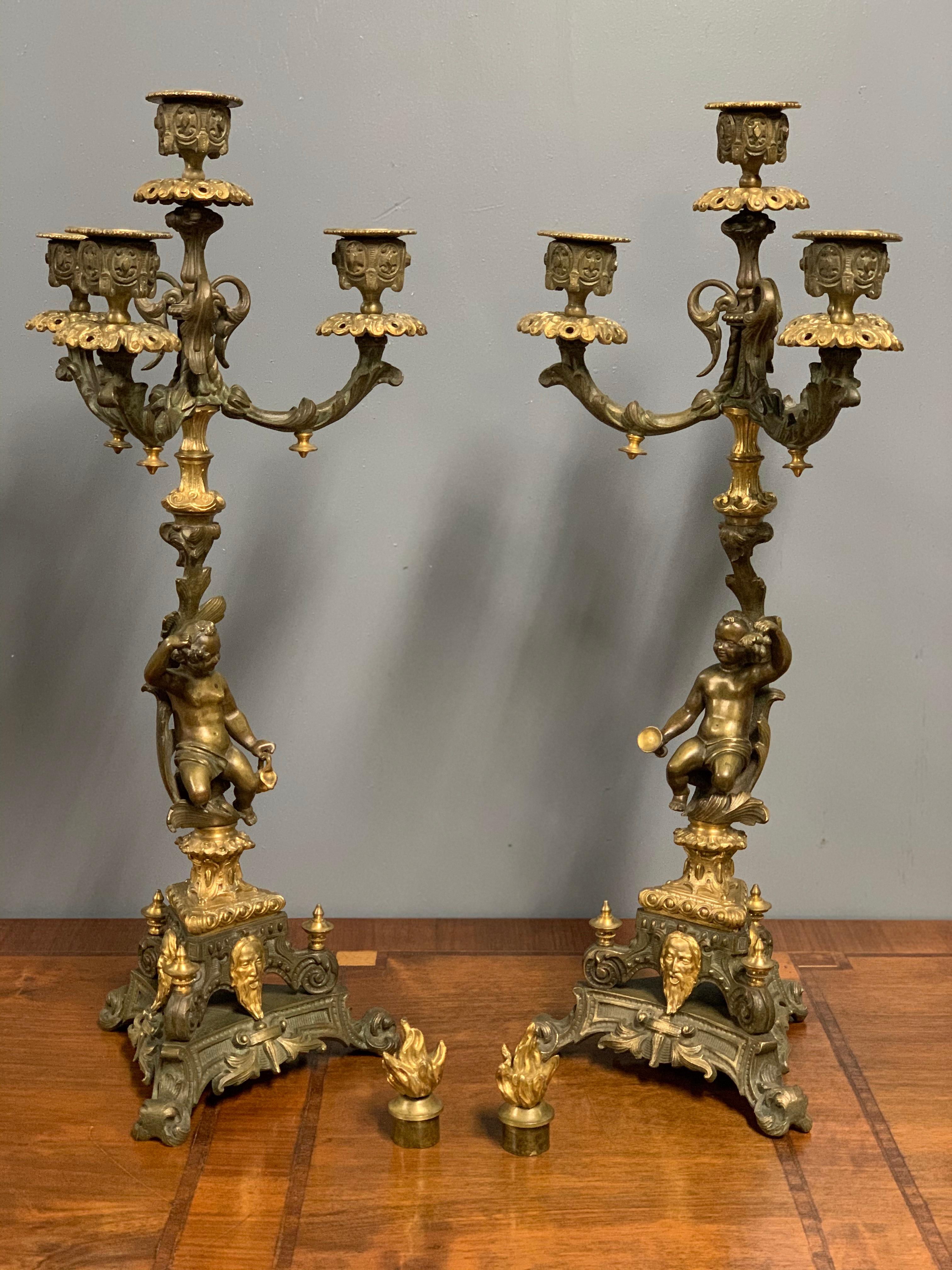 French 19th Century Gilt Bronze 3 Branch Candelabras with Candle Snuffers, Pair 5